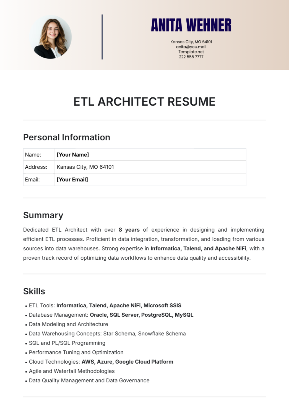 ETL Architect Resume Template - Edit Online & Download