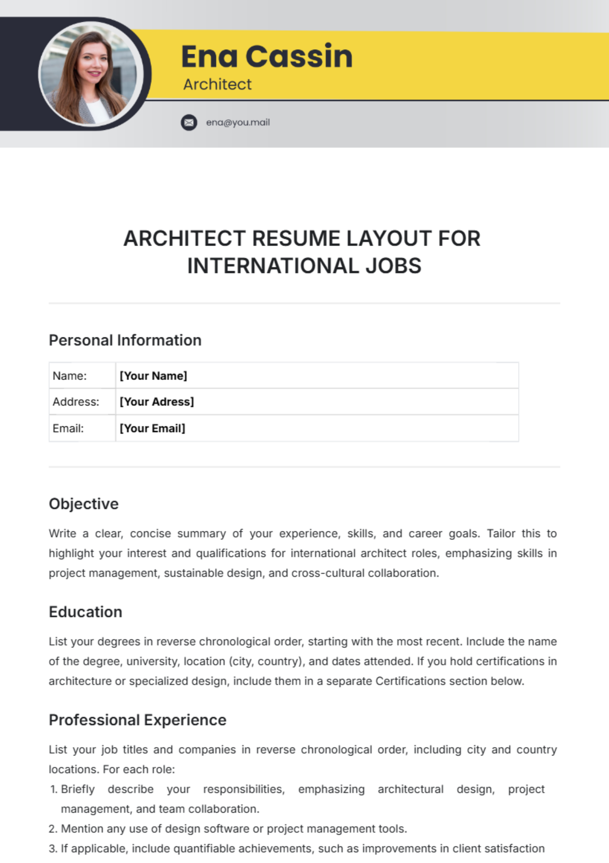 Architect Resume Layout for International Jobs Template - Edit Online & Download