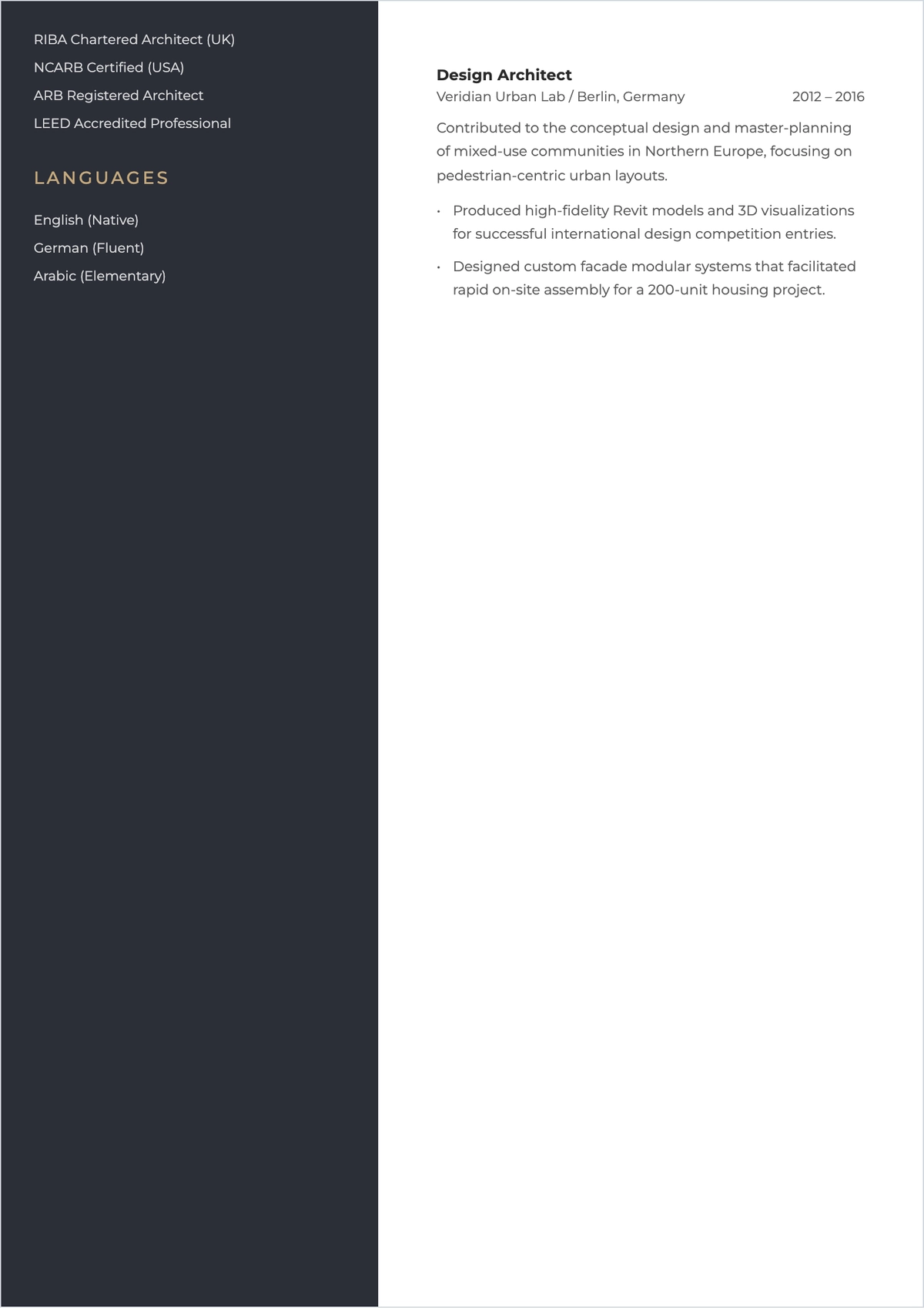 Free Architect ATS Resume Layout for International Jobs Template