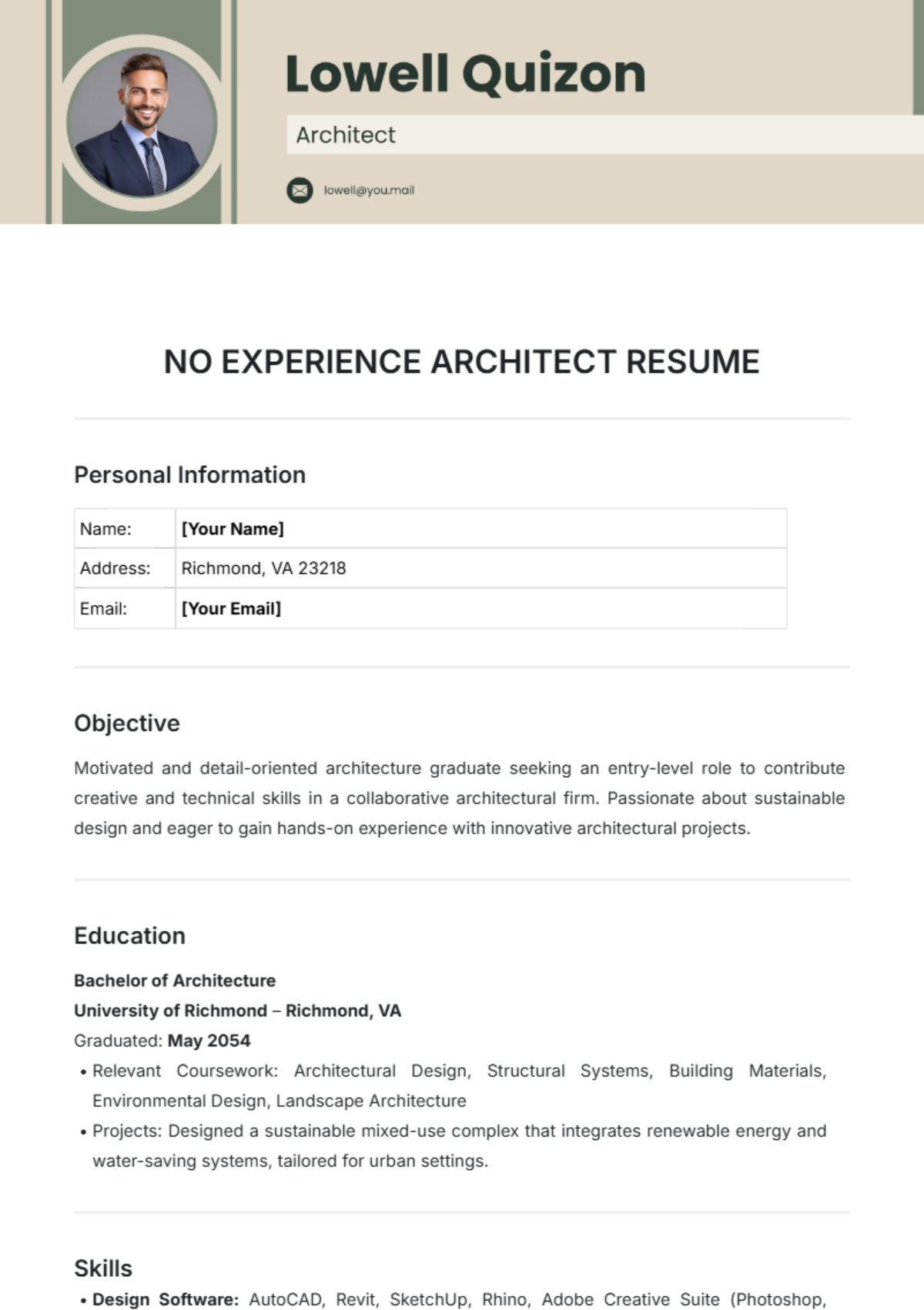 No Experience Architect Resume Template - Edit Online & Download