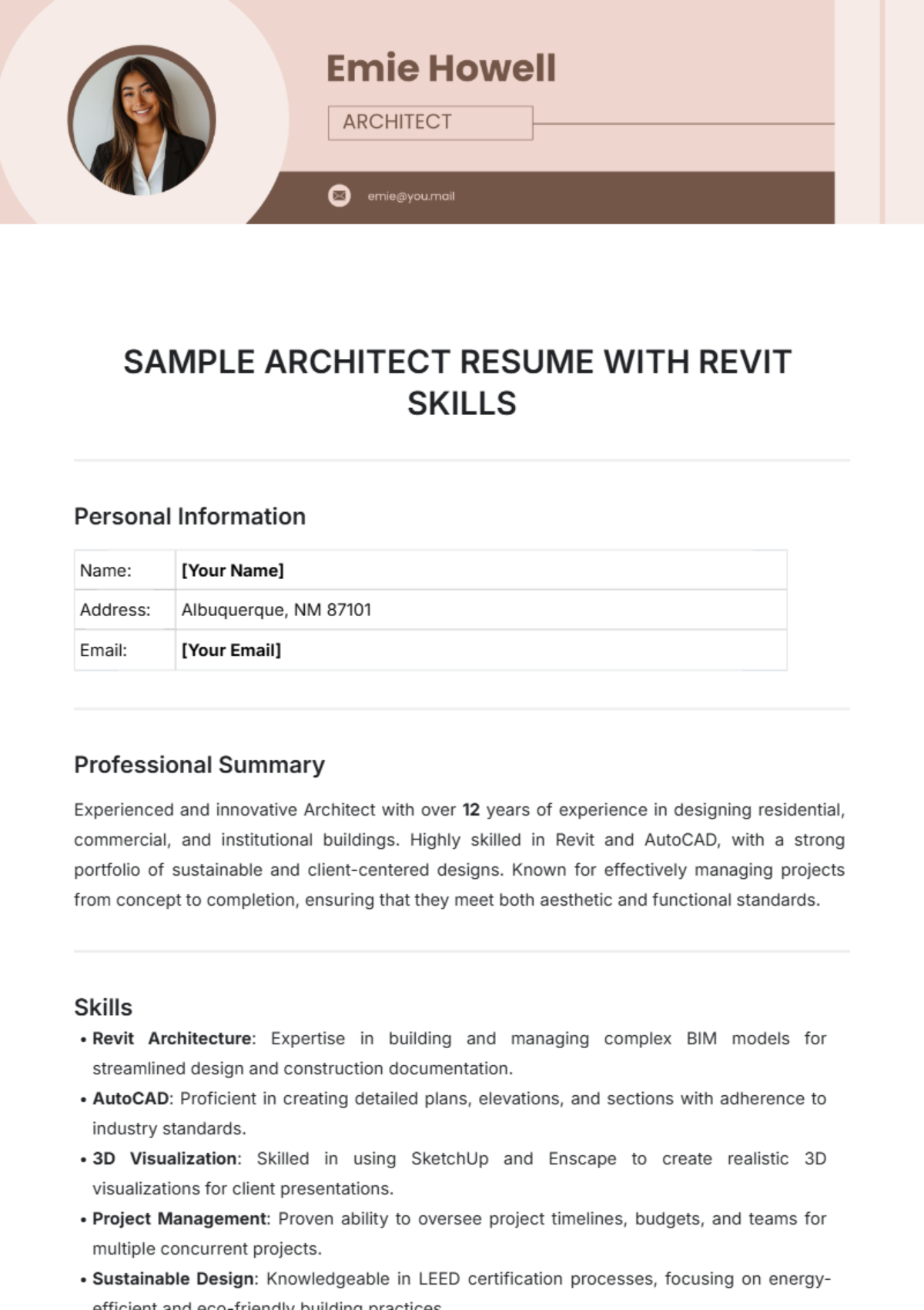 Sample Architect Resume with Revit Skills Template - Edit Online & Download