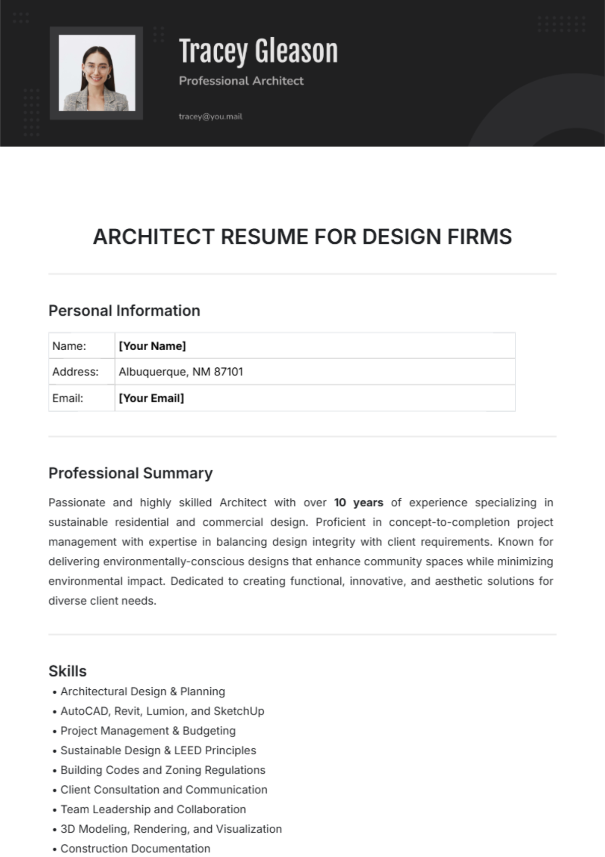 Architect Resume for Design Firms Template - Edit Online & Download