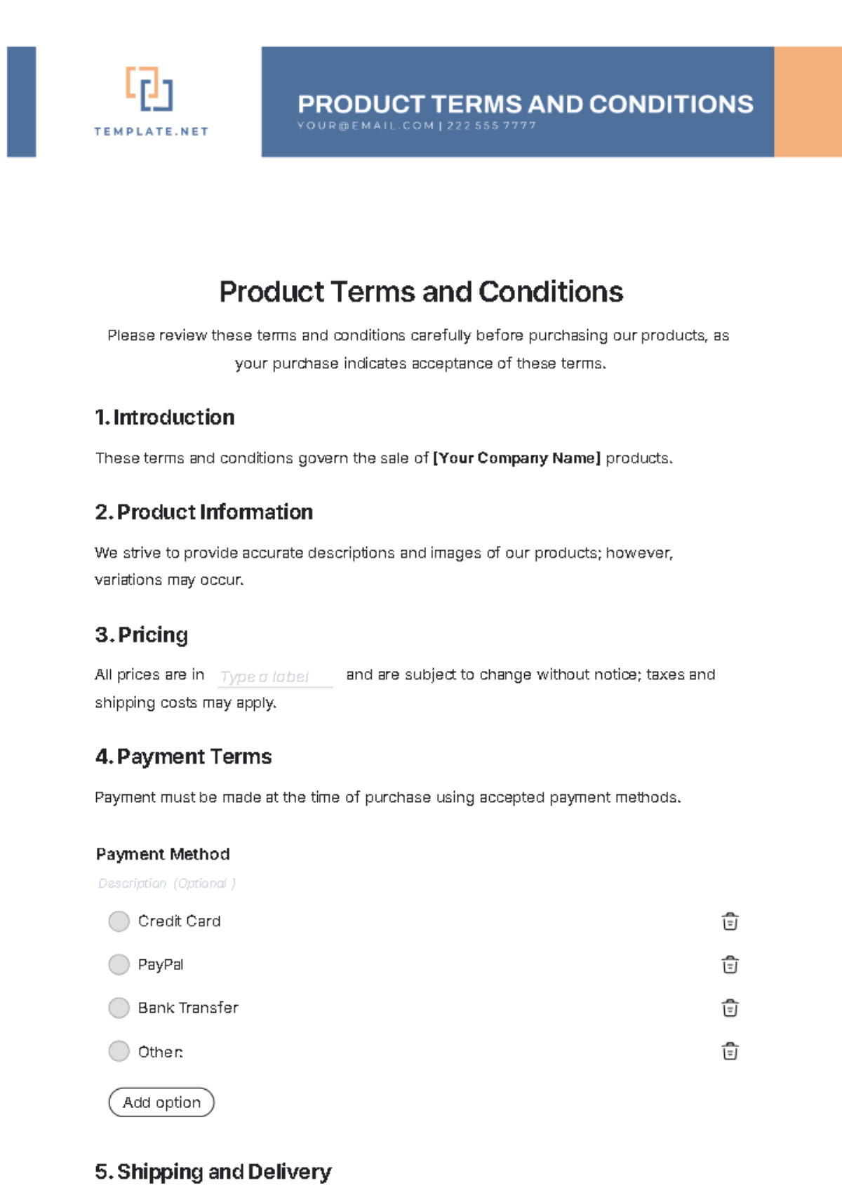 Product Terms and Conditions Template