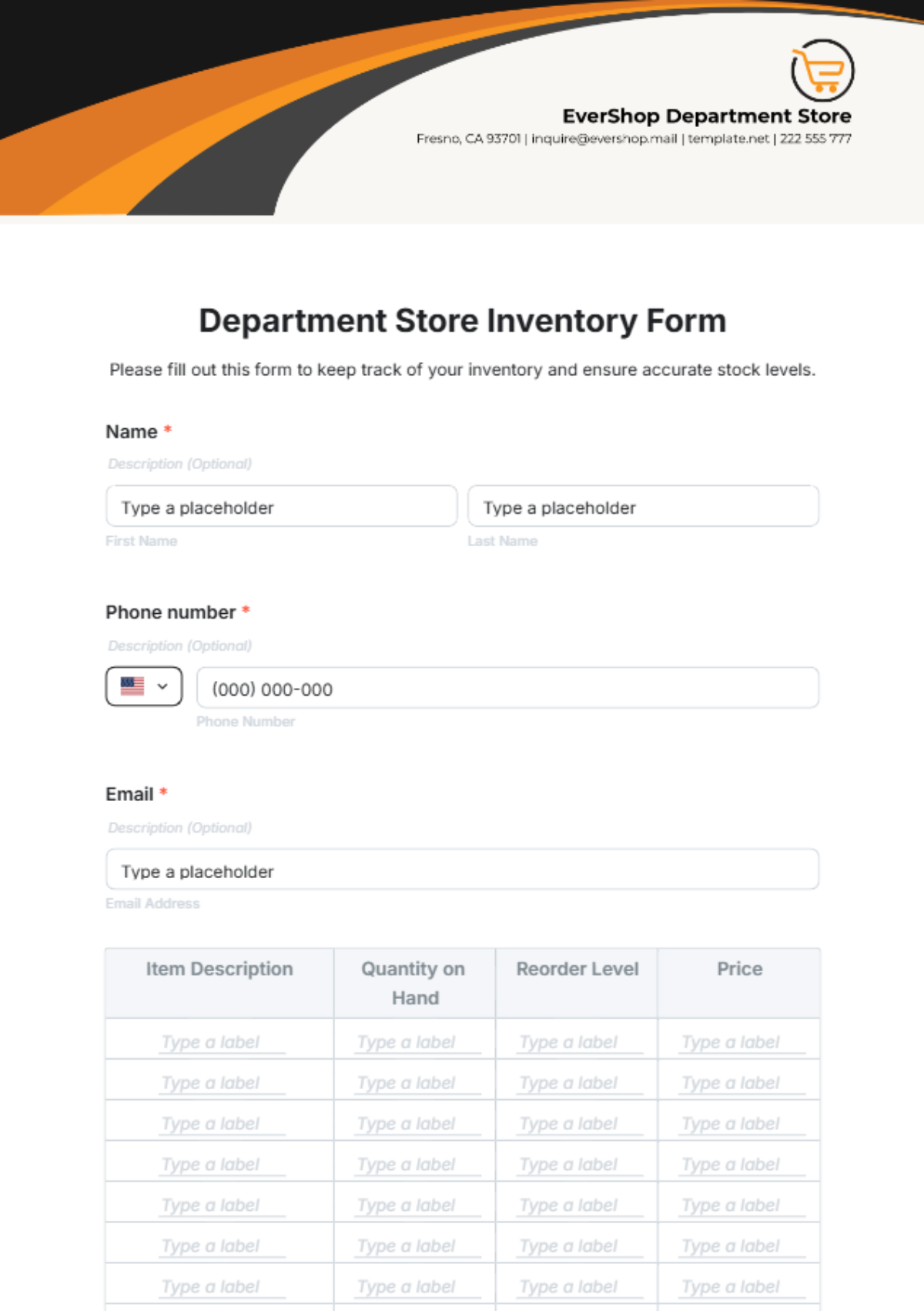 Department Store Inventory Form Template - Edit Online & Download