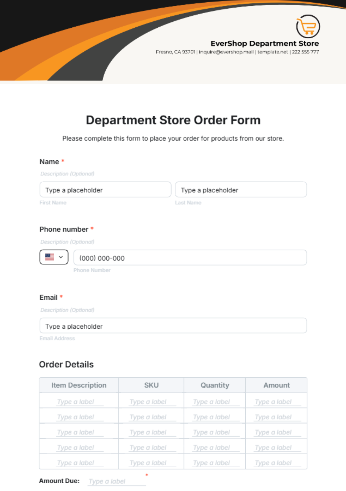 Department Store Order Form Template - Edit Online & Download