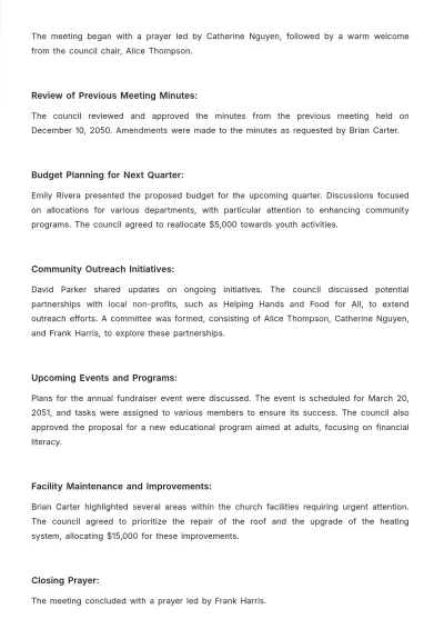 Free Church Council Meeting Minute Template to Edit Online