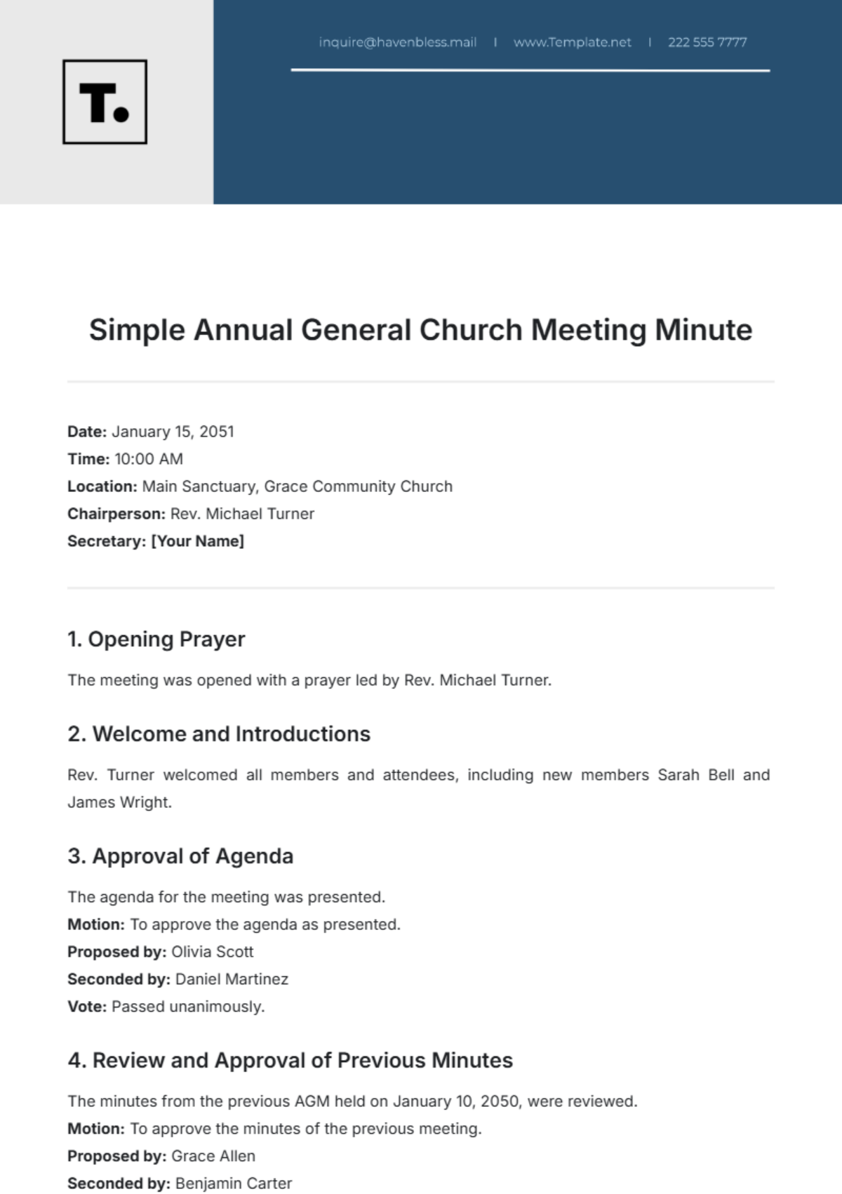 Simple Annual General Church Meeting Minute Template