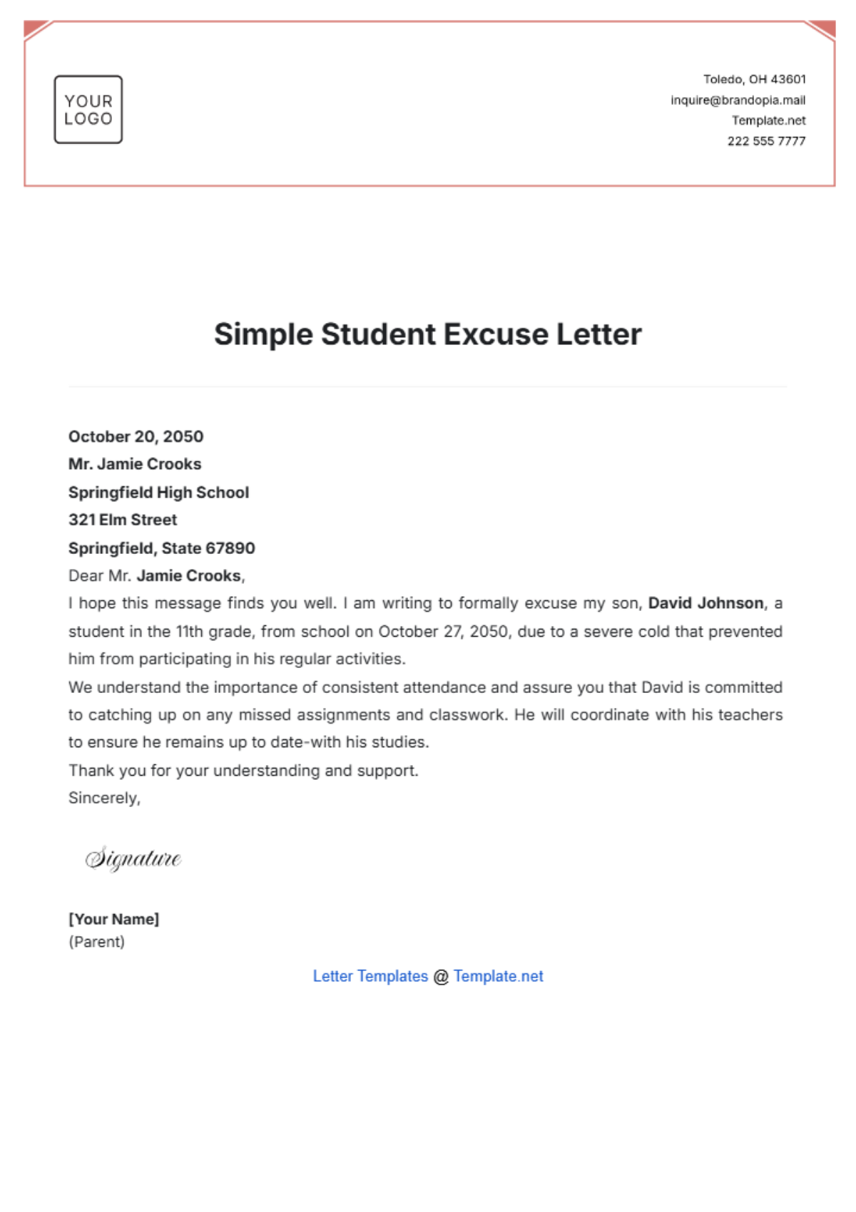 Simple Student Excuse Letter Template - Edit Online & Download