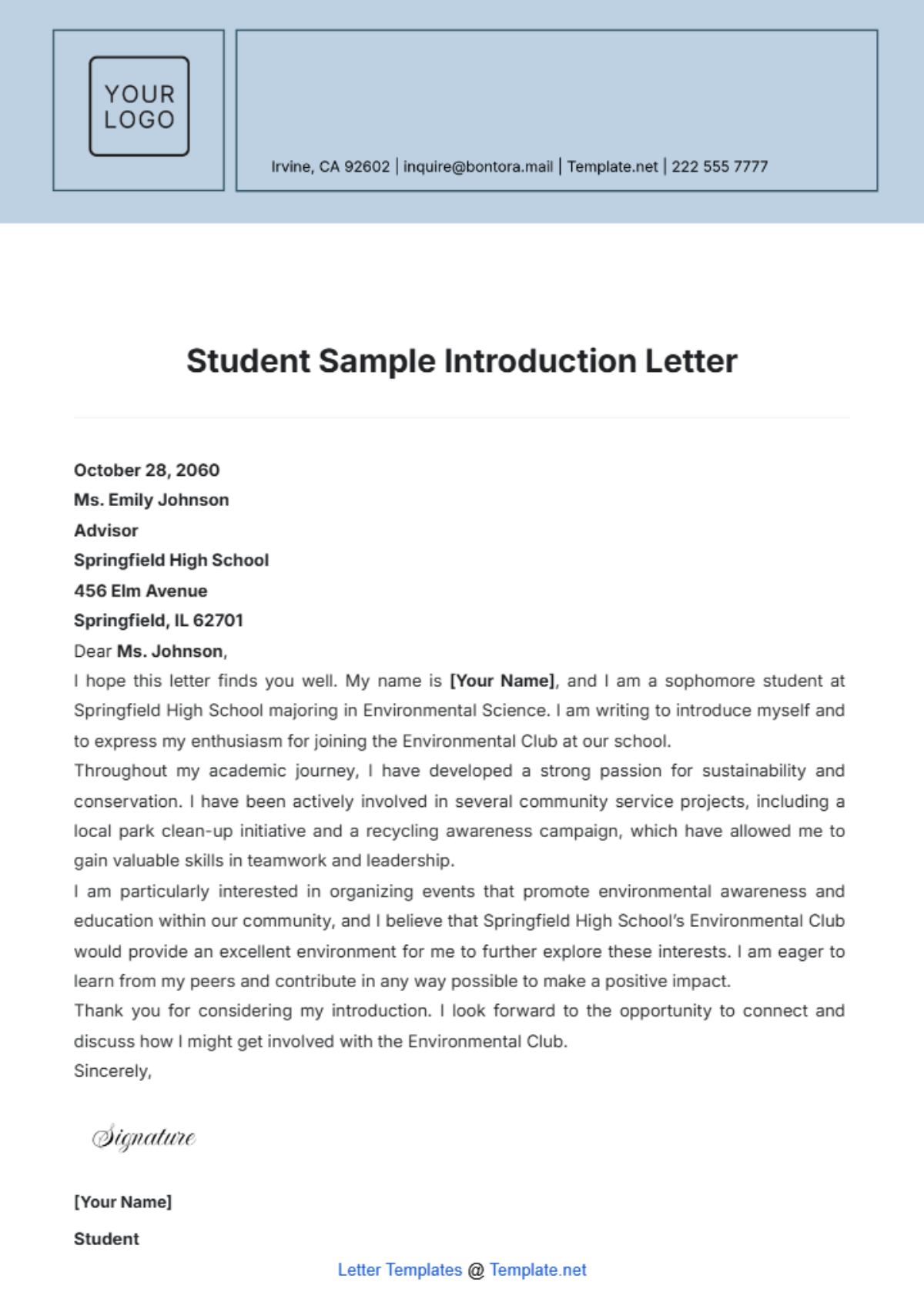 Student Sample Introduction Letter Template - Edit Online & Download