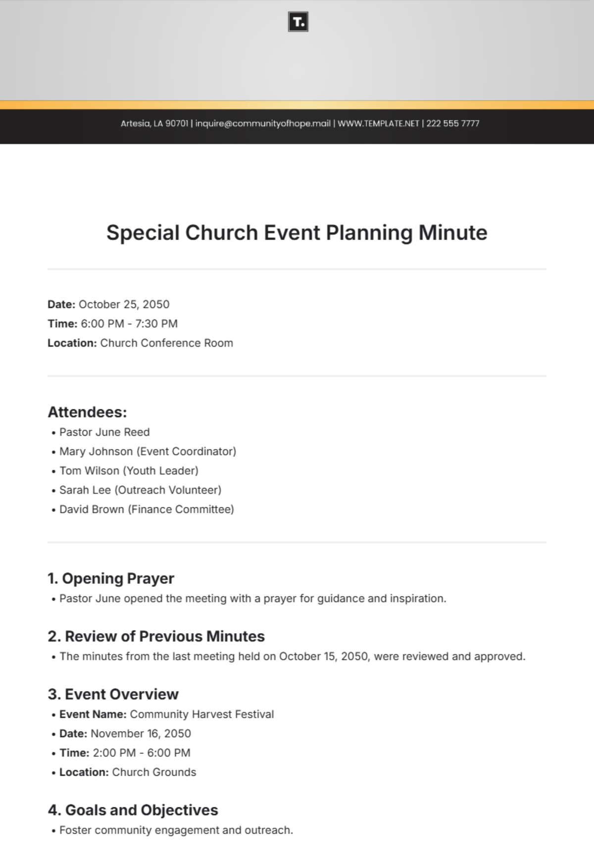 Special Church Event Planning Minute Template