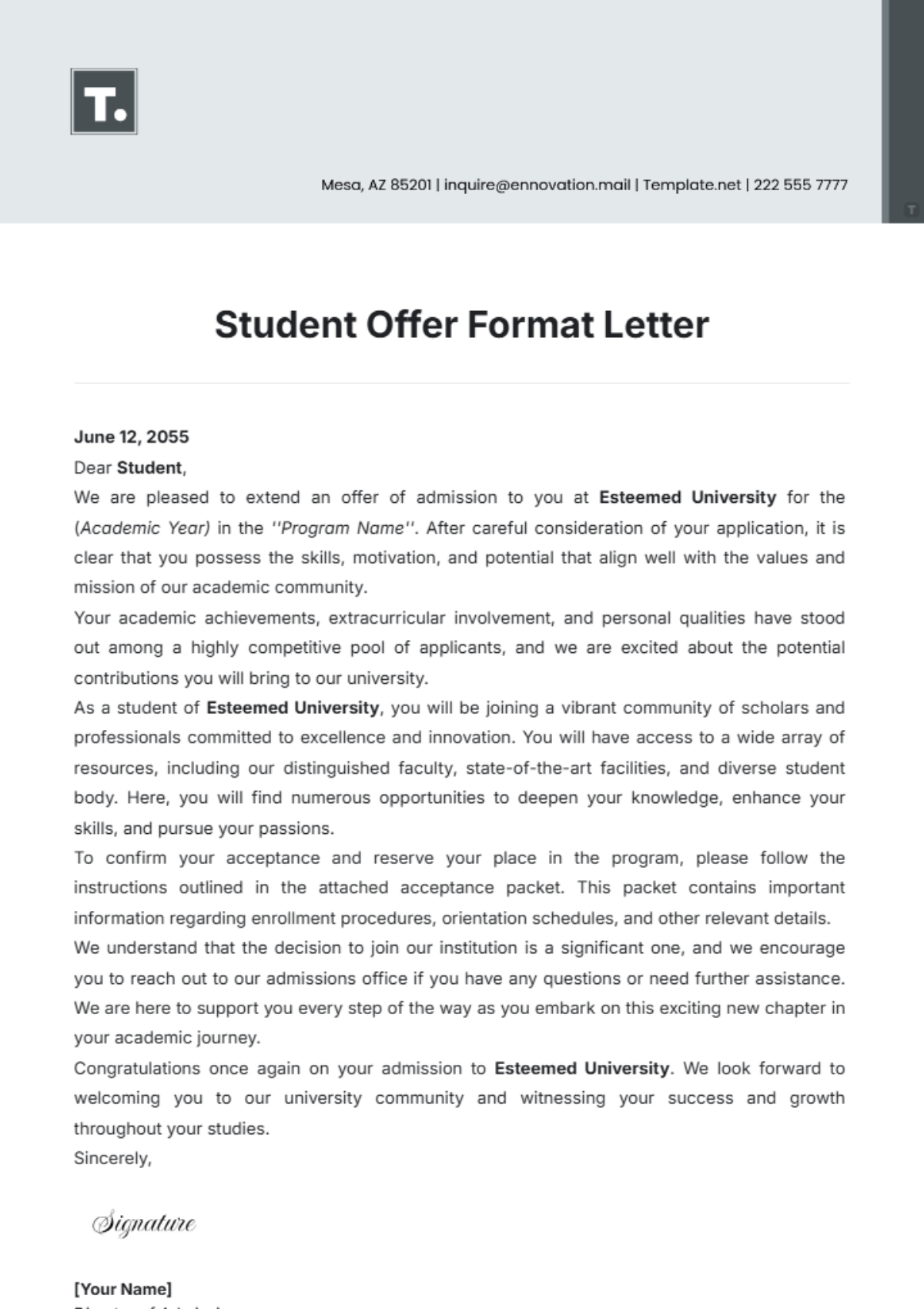 Student Offer Format Letter Template - Edit Online & Download