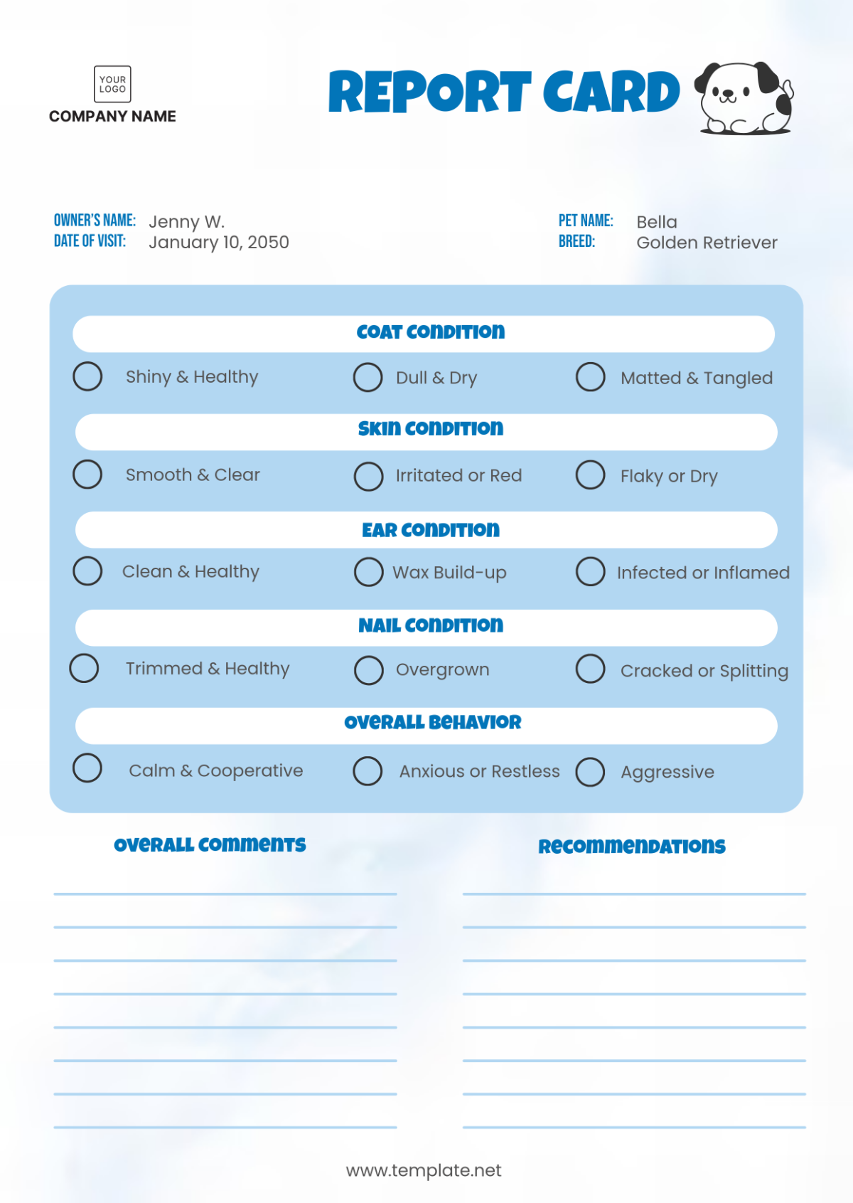 Dog Grooming Report Card Template