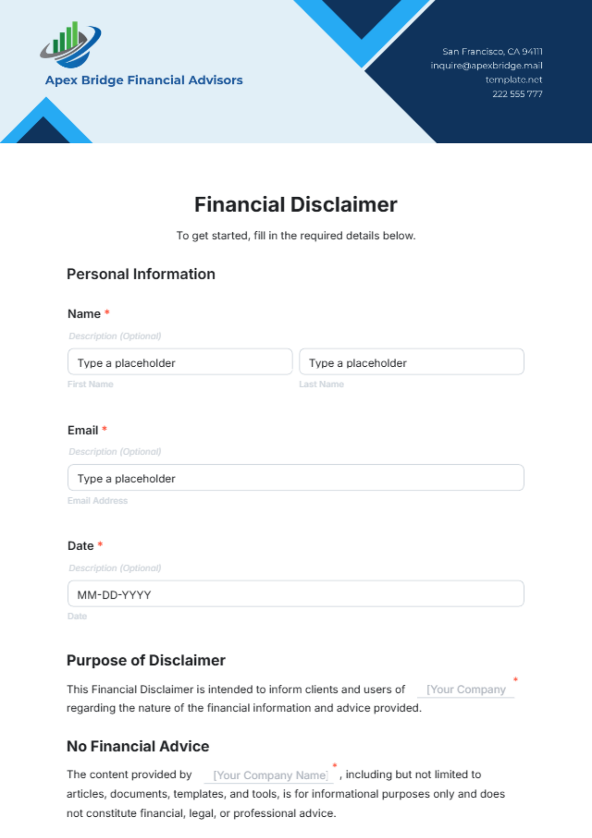 Financial Disclaimer Template