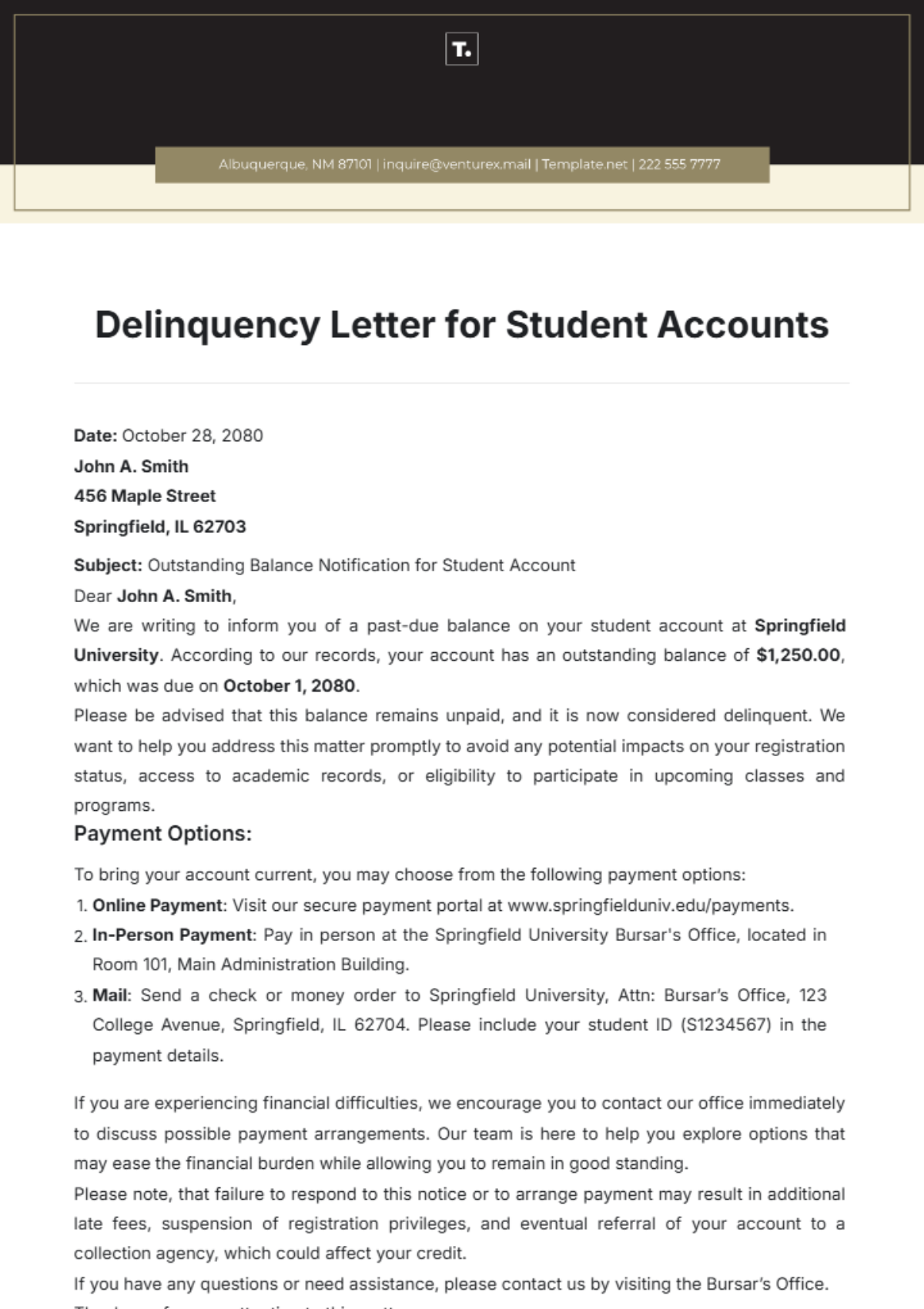 Delinquency Letter for Student Accounts Template - Edit Online & Download