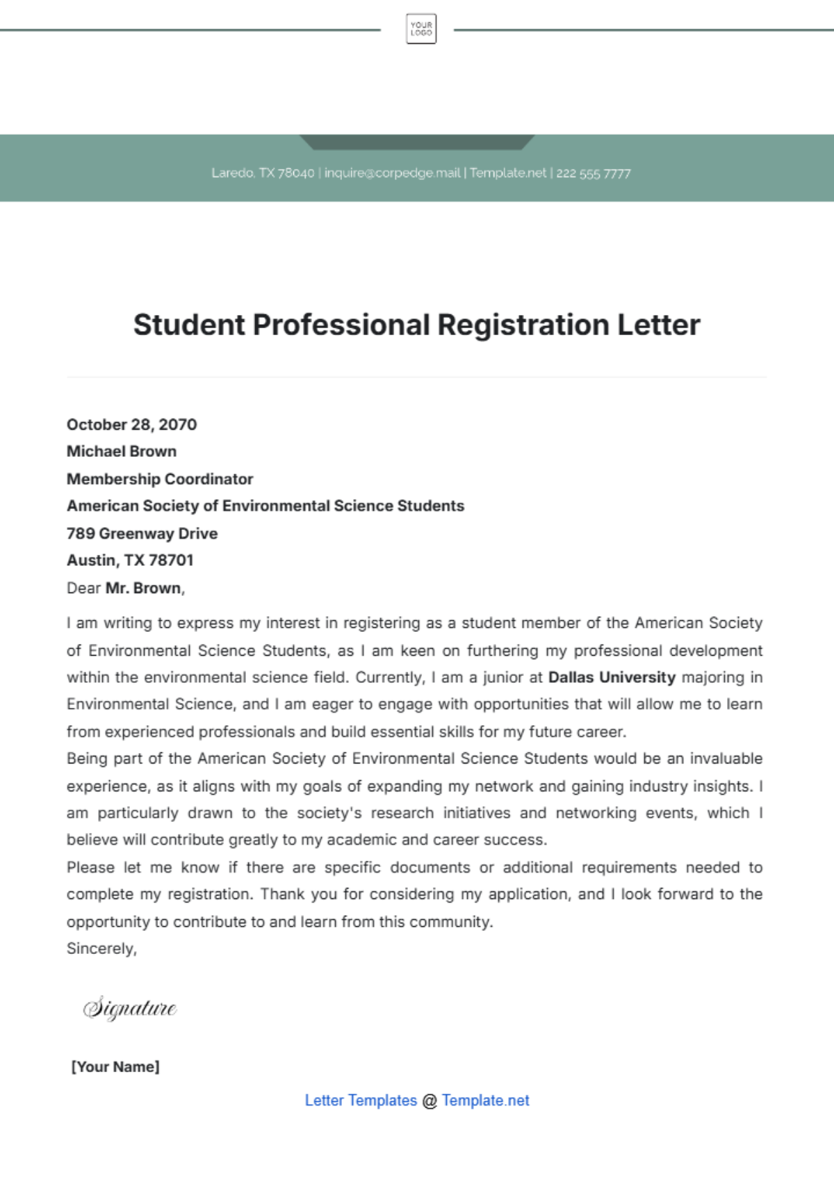 Student Professional Registration Letter Template