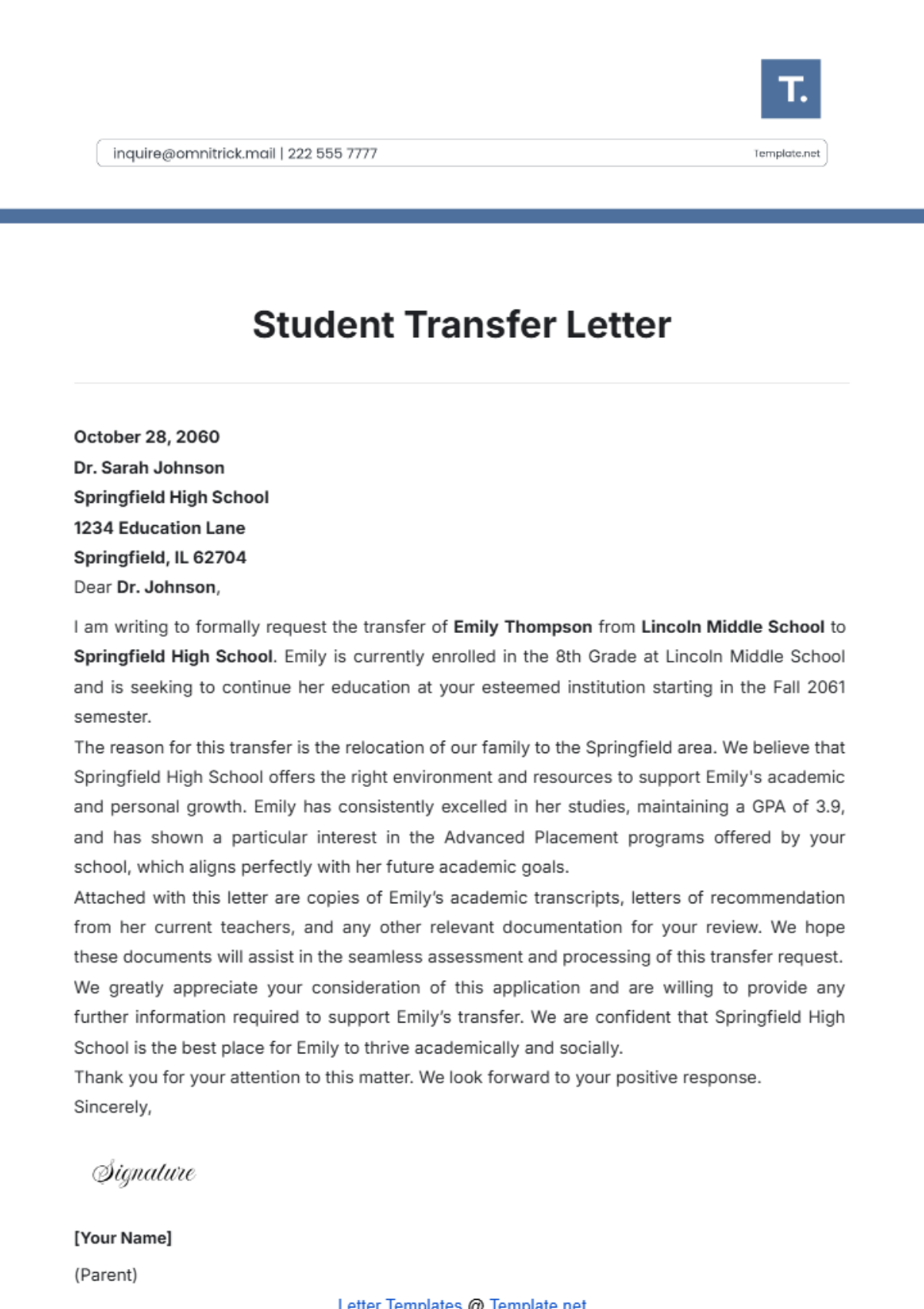 Student Transfer Letter Template