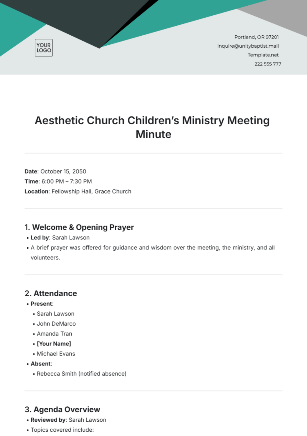 Aesthetic Church Children’s Ministry Meeting Minute Template - Edit Online & Download