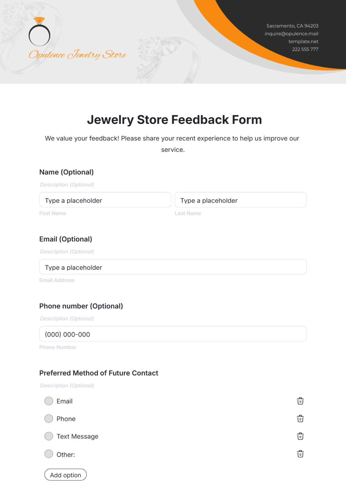 Jewelry Store Feedback Form Template - Edit Online & Download