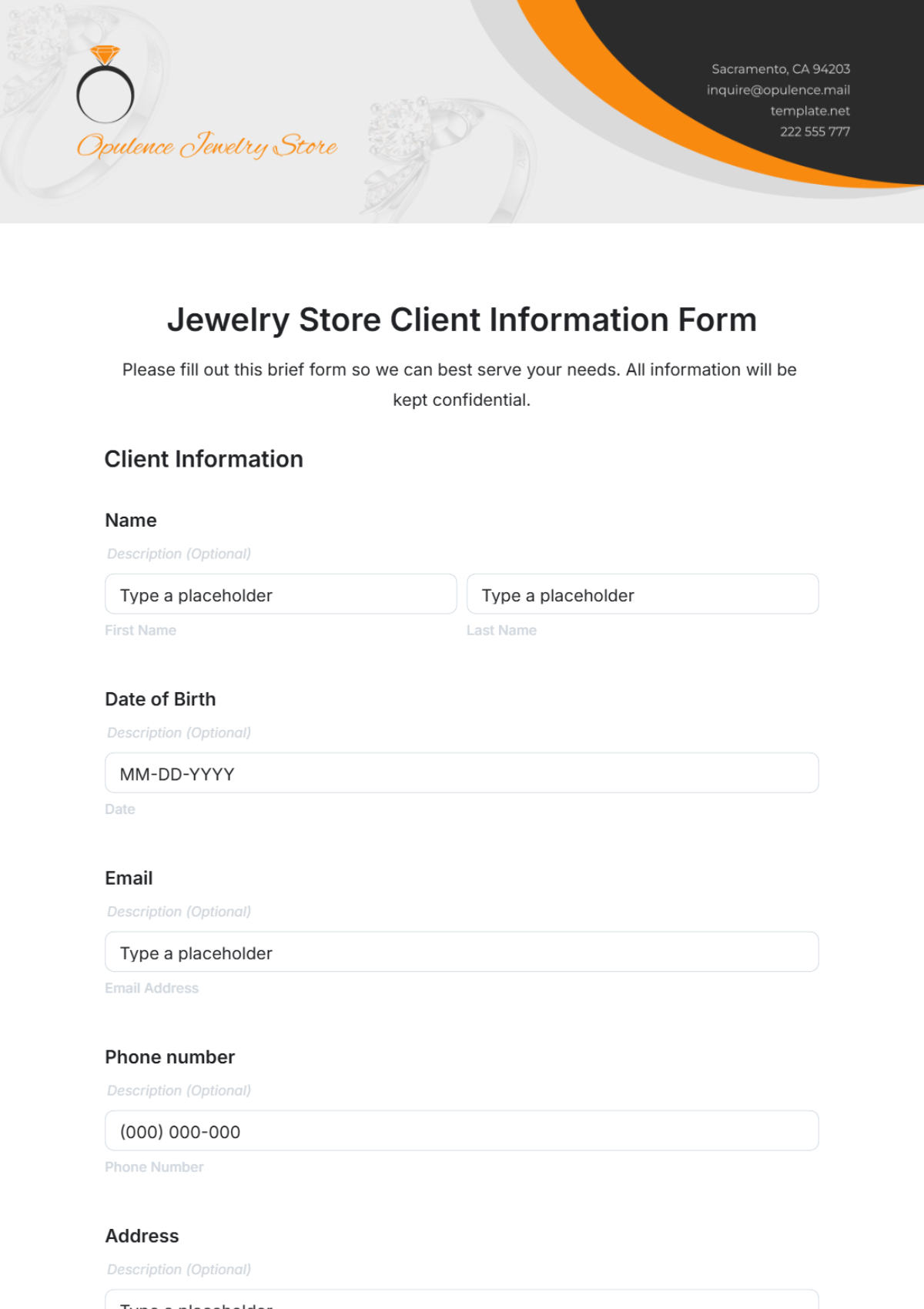 Jewelry Store Client Information Form Template - Edit Online & Download