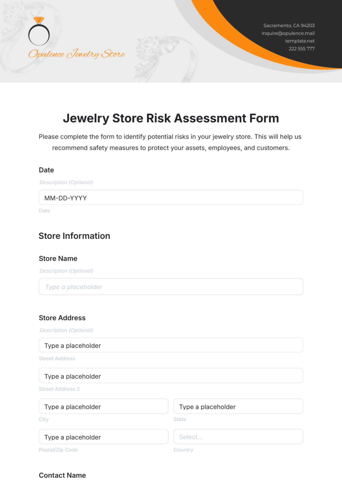 Jewelry Store Risk Assessment Form Template - Edit Online & Download