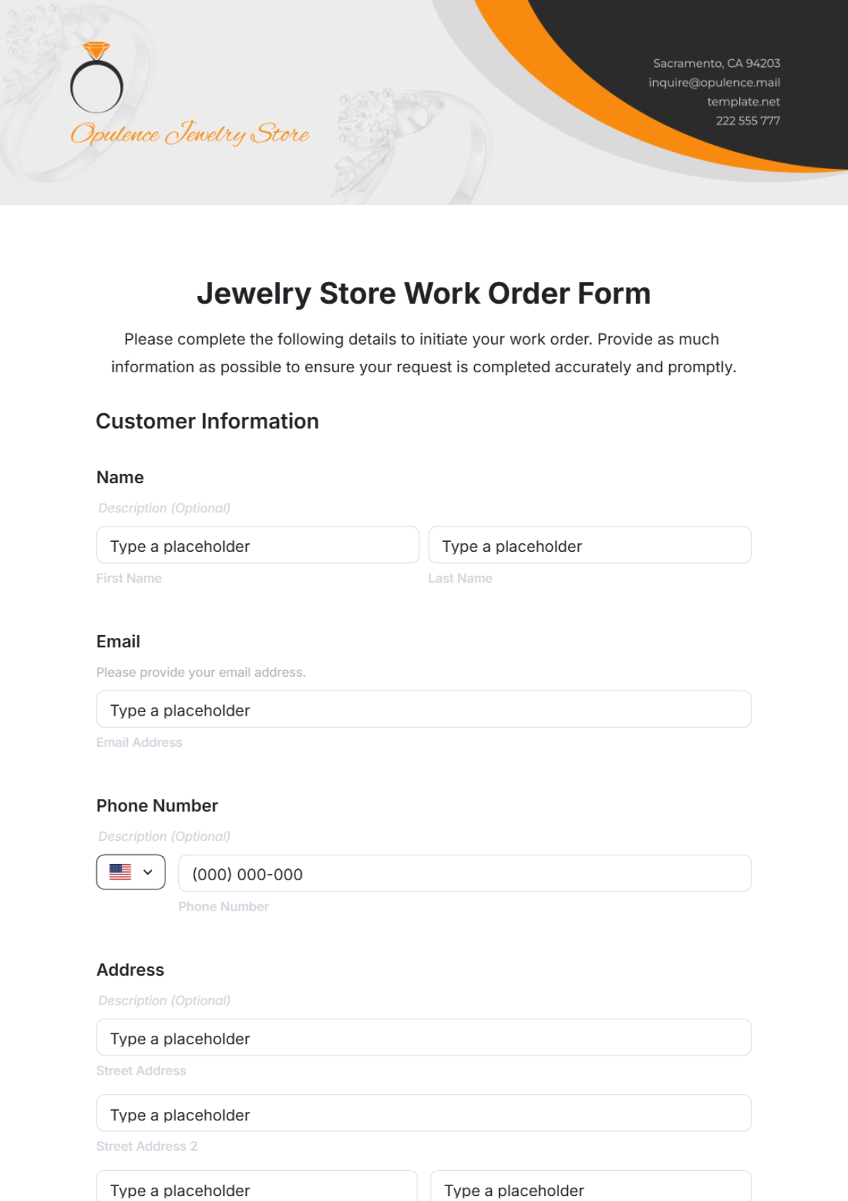 Jewelry Store Work Order Form Template - Edit Online & Download