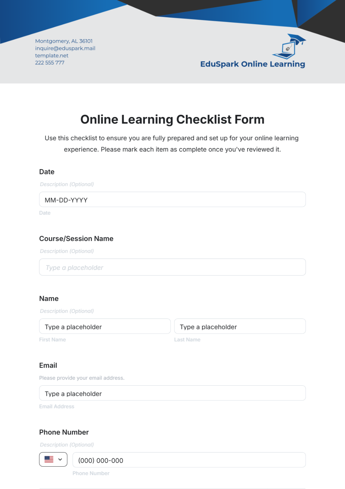 Online Learning Checklist Form Template - Edit Online & Download