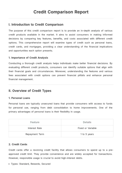 Free Credit Comparison Report  Template to Edit Online