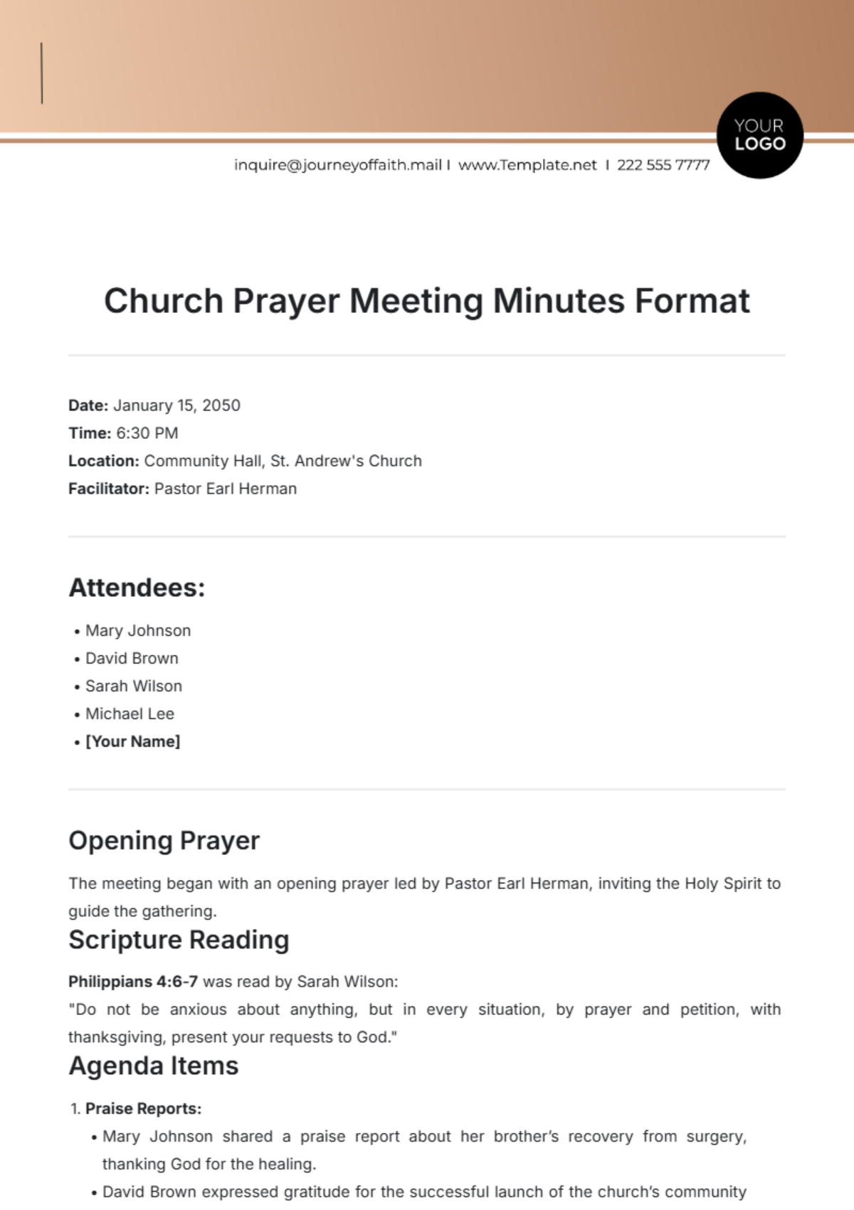 Church Prayer Meeting Minutes Format Template - Edit Online & Download