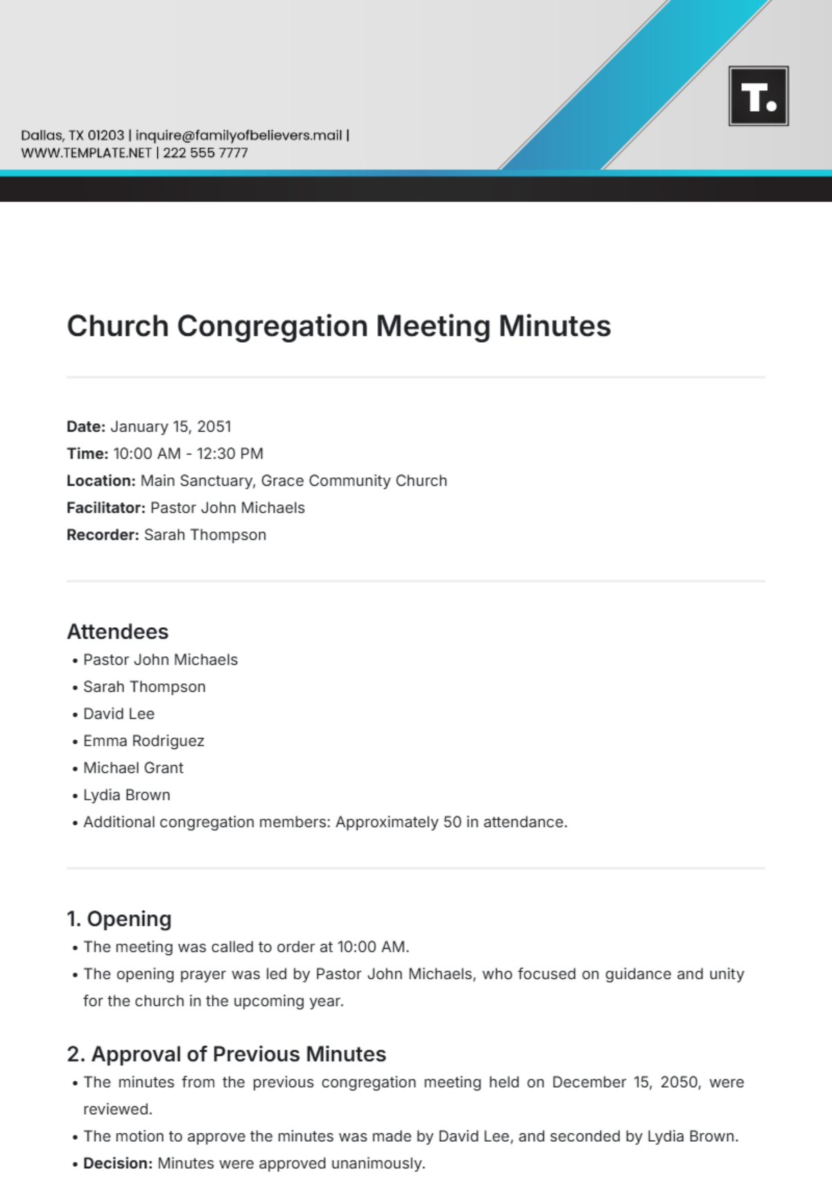 Church Congregation Meeting Minute Template - Edit Online & Download