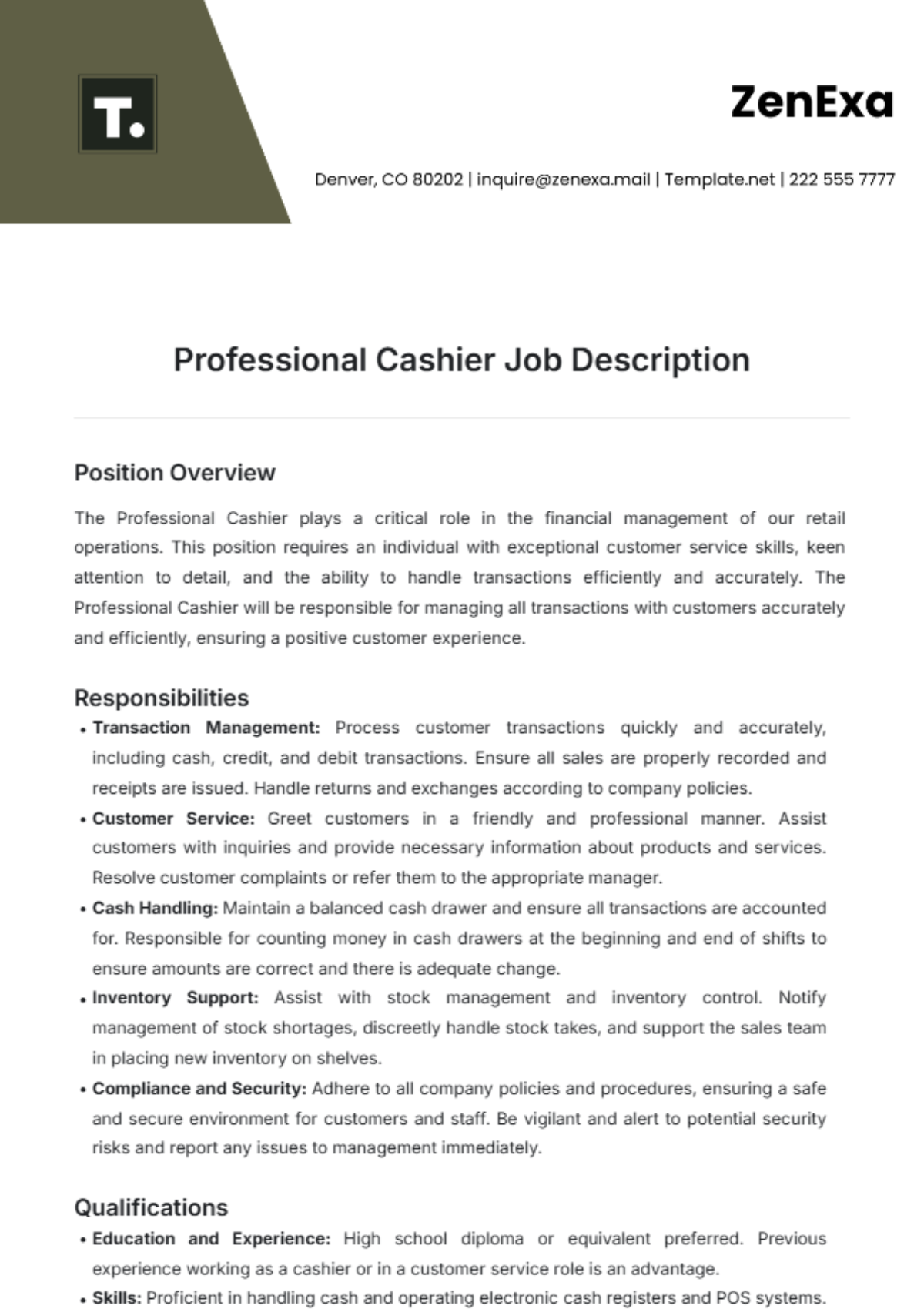 Professional Cashier Job Description Template - Edit Online & Download