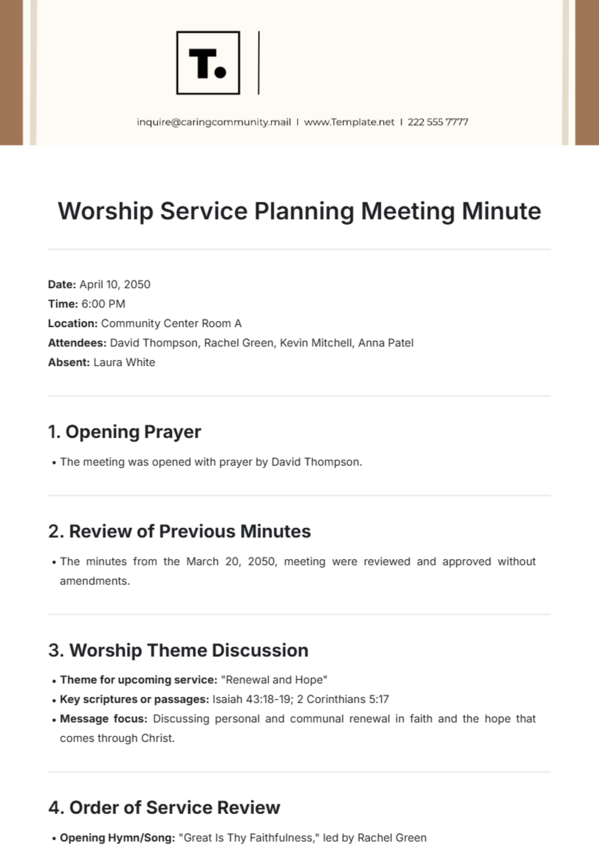 Worship Service Planning Meeting Minute Template - Edit Online & Download