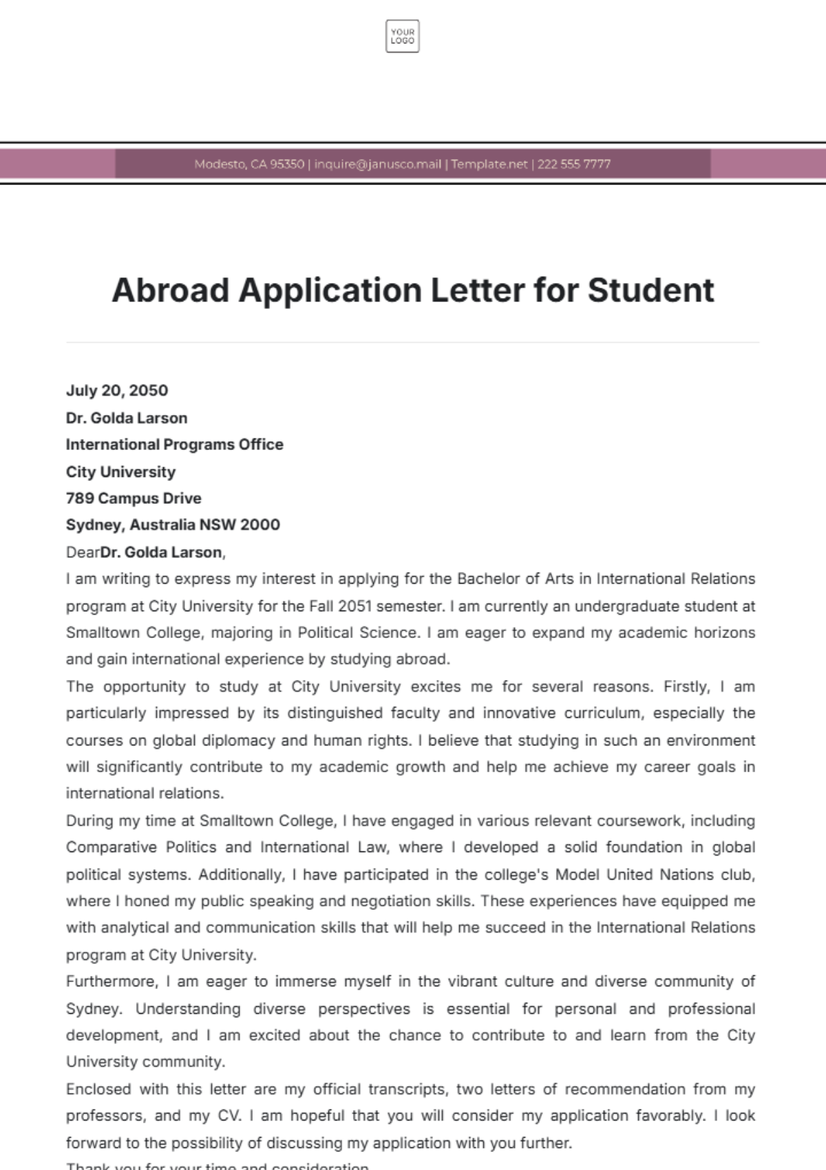 Abroad Application Letter for Student Template