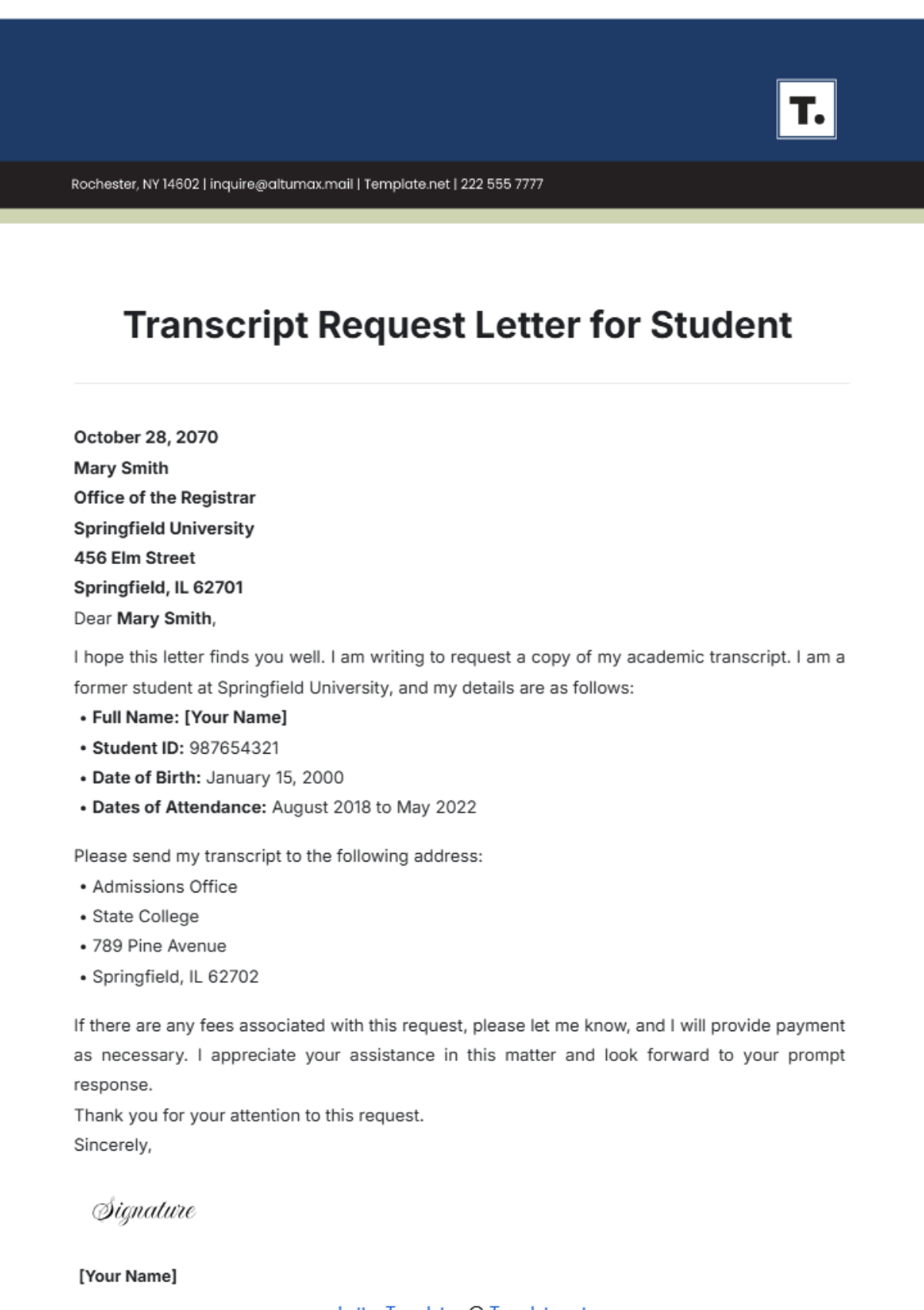 Transcript Request Letter for Student Template