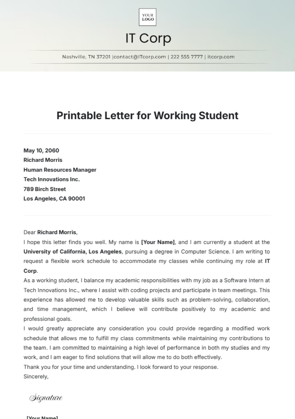 Printable Letter for Working Student Template