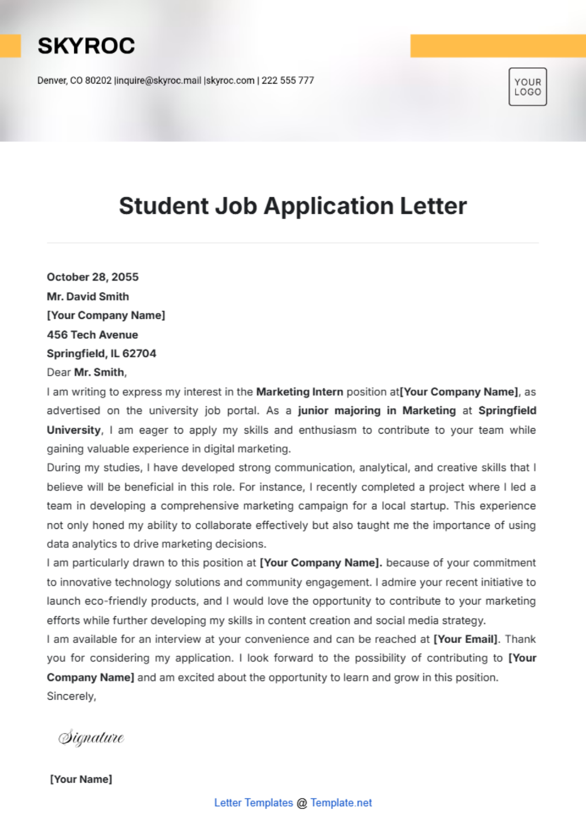 Student Job Application Letter Template - Edit Online & Download