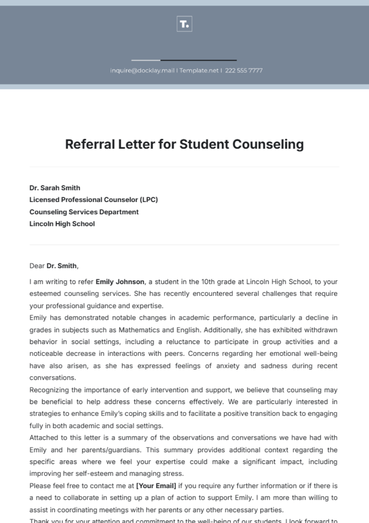 Referral Letter for Student Counseling Template - Edit Online & Download