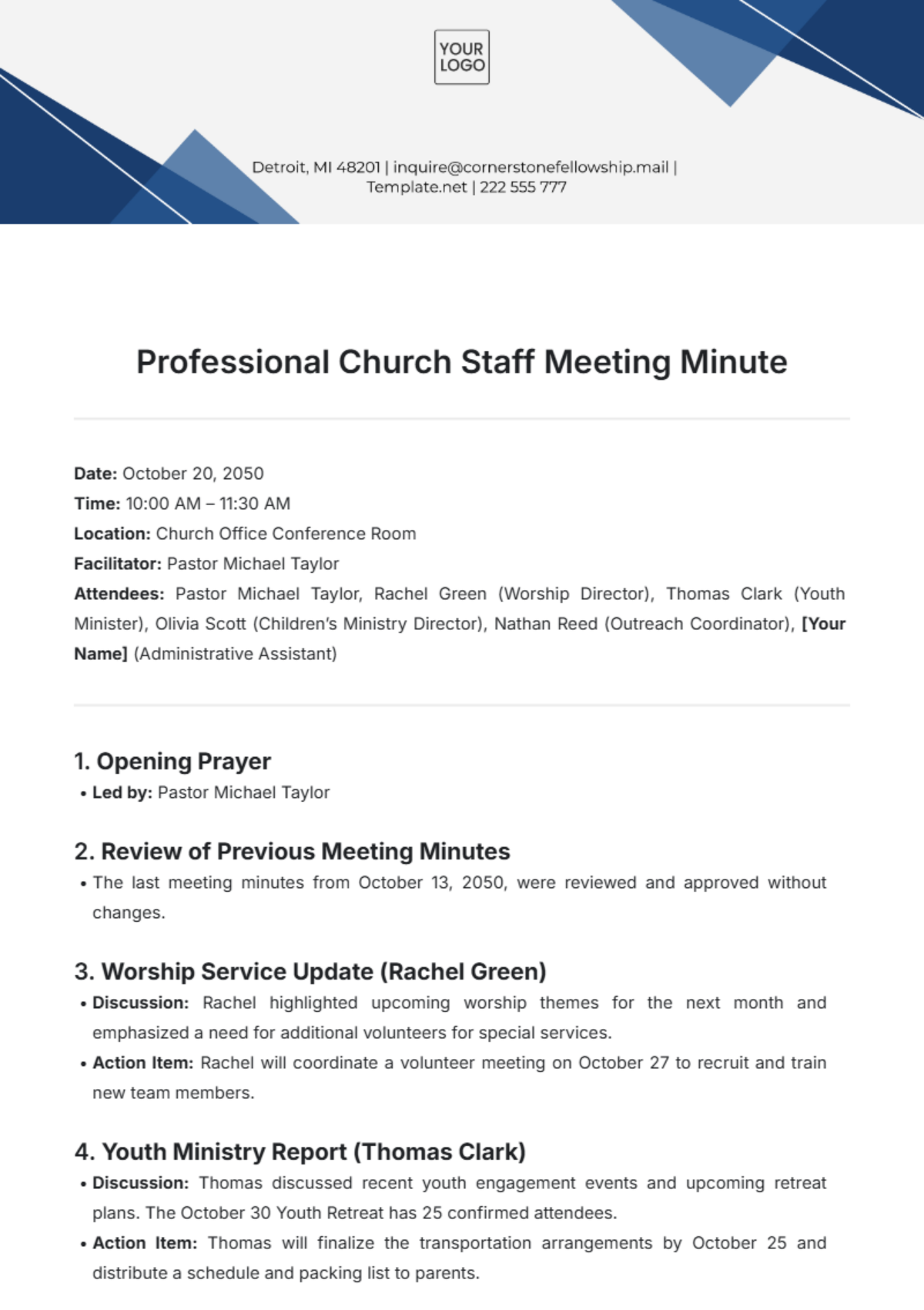 Professional Church Staff Meeting Minute Template - Edit Online & Download