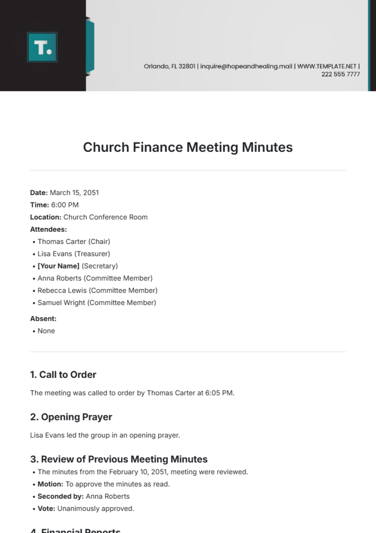 Church Finance Meeting Minutes Template - Edit Online & Download