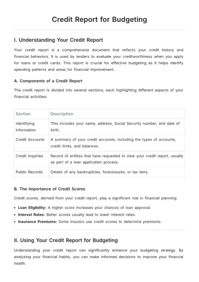 Free Credit Report for Budgeting Template to Edit Online