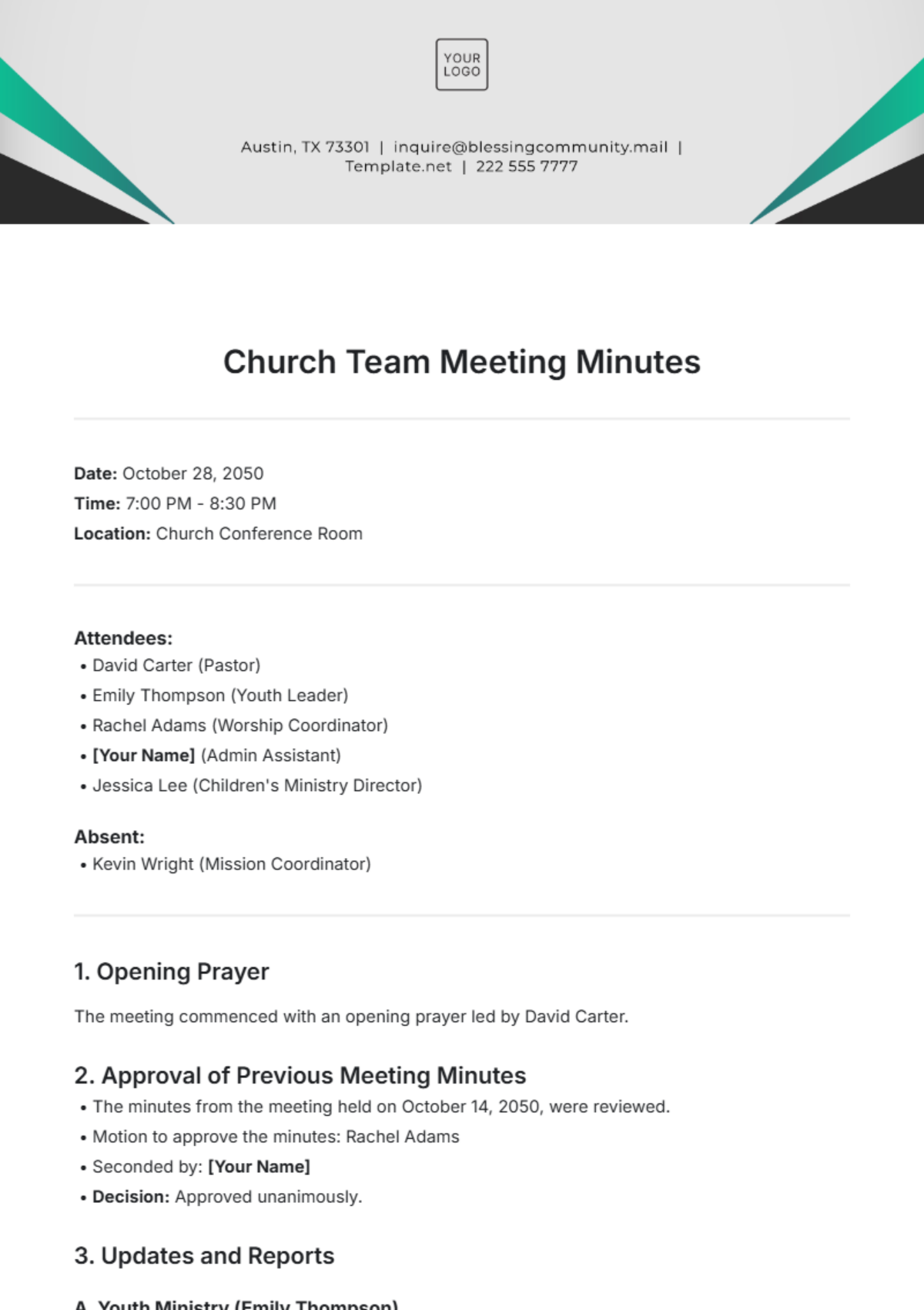 Church Team Meeting Minutes Template - Edit Online & Download