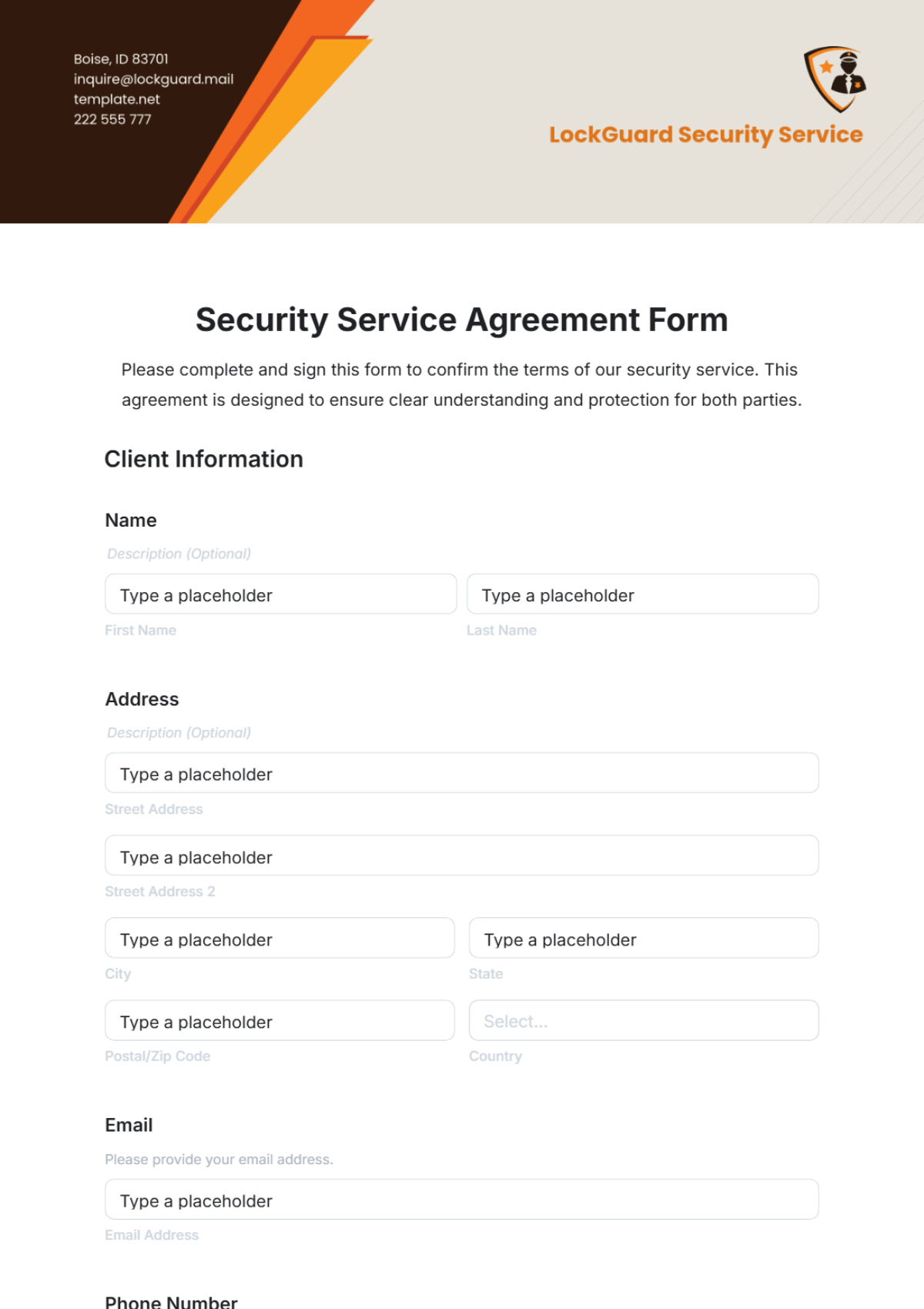 Security Service Agreement Form Template