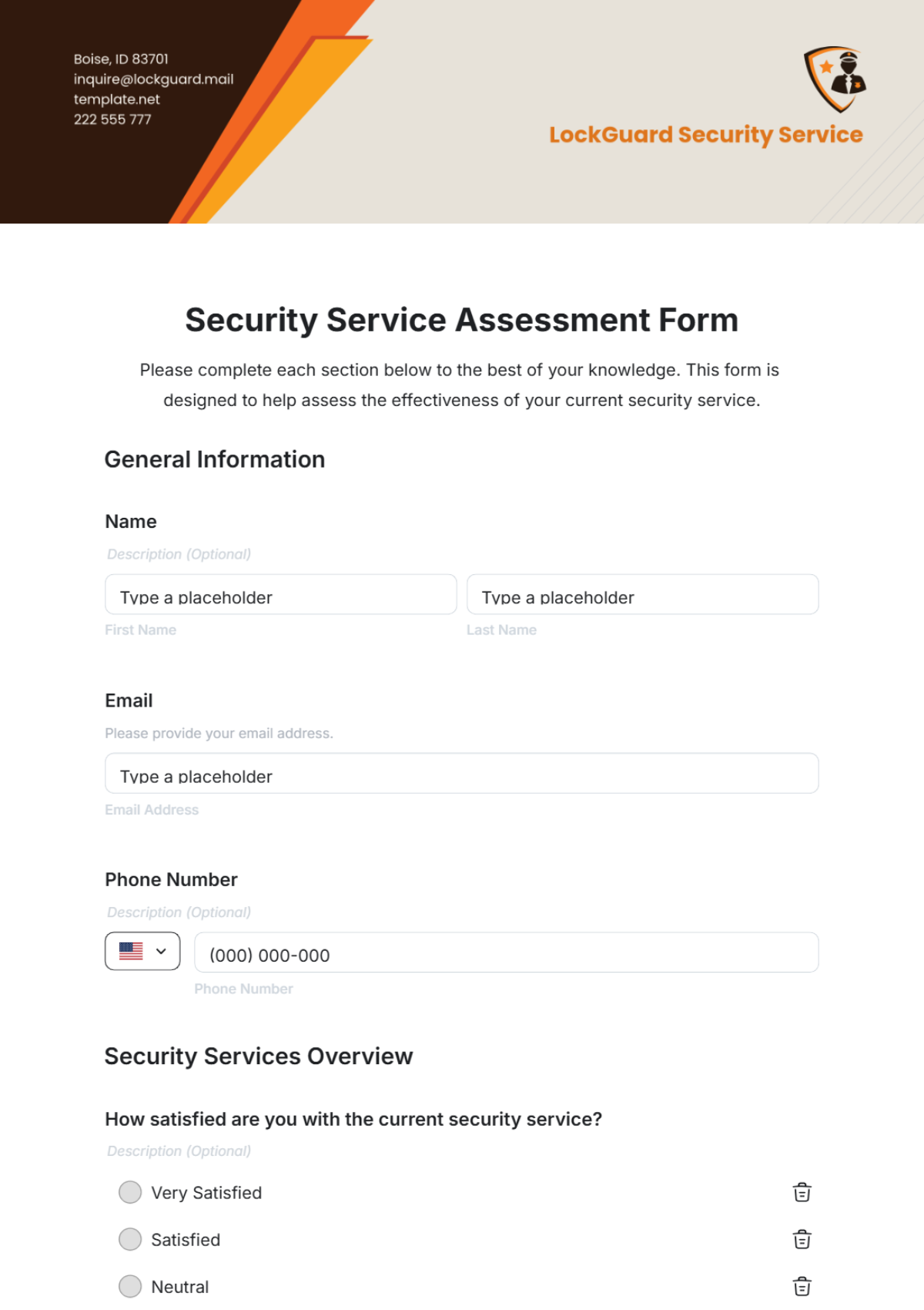 Security Service Assessment Form Template - Edit Online & Download