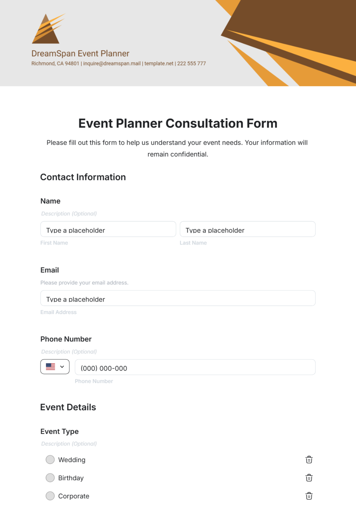 Free Event Planner Consultation Form Template