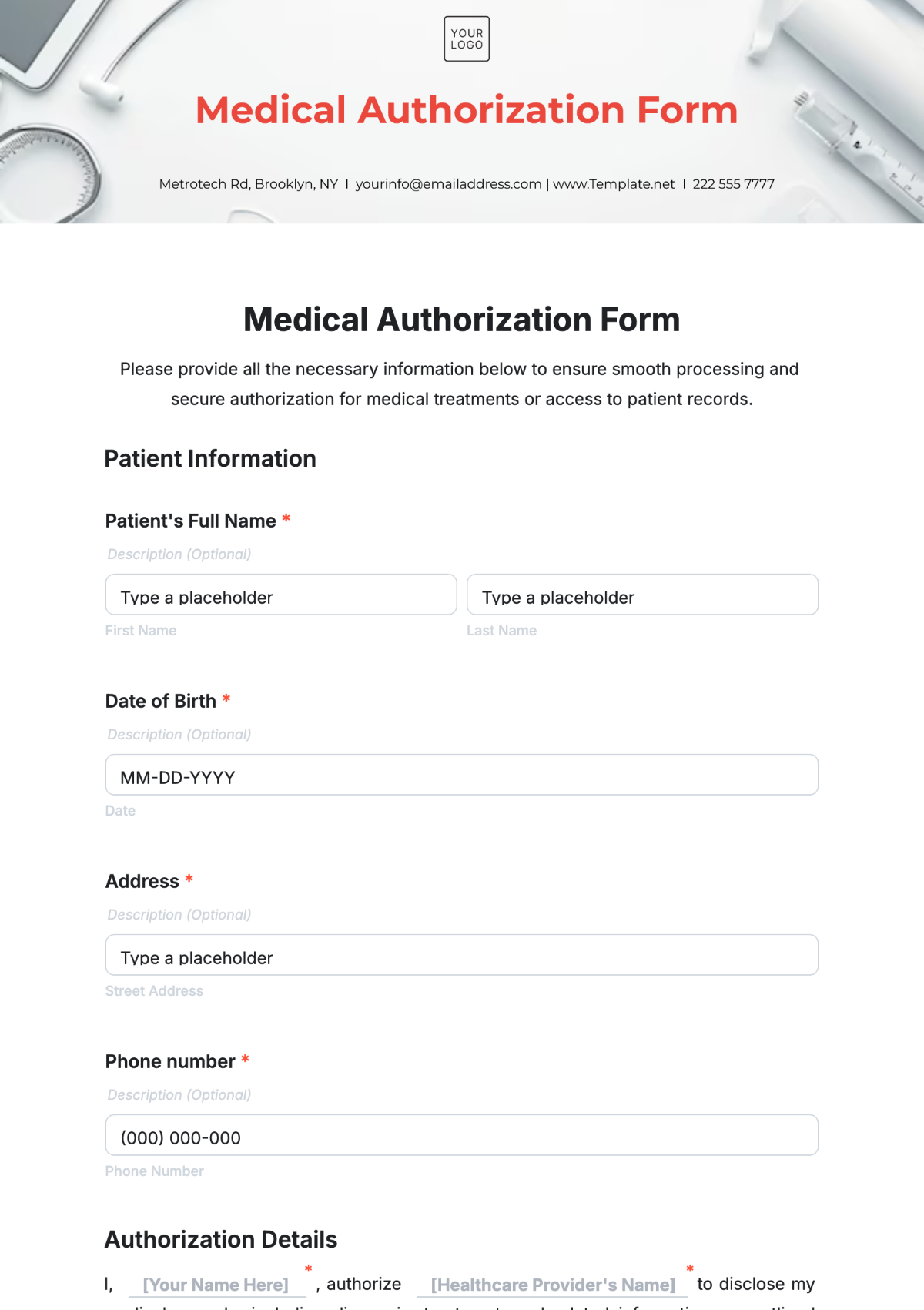 Medical Authorization Form Template - Edit Online & Download