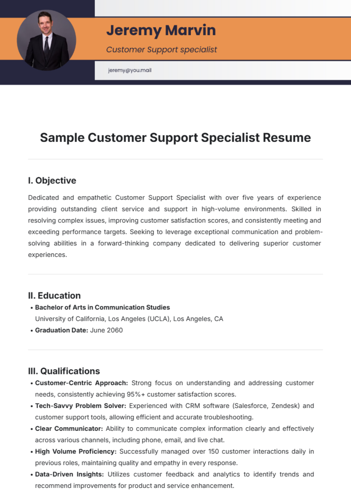 Sample Customer Support Specialist Resume Template - Edit Online & Download