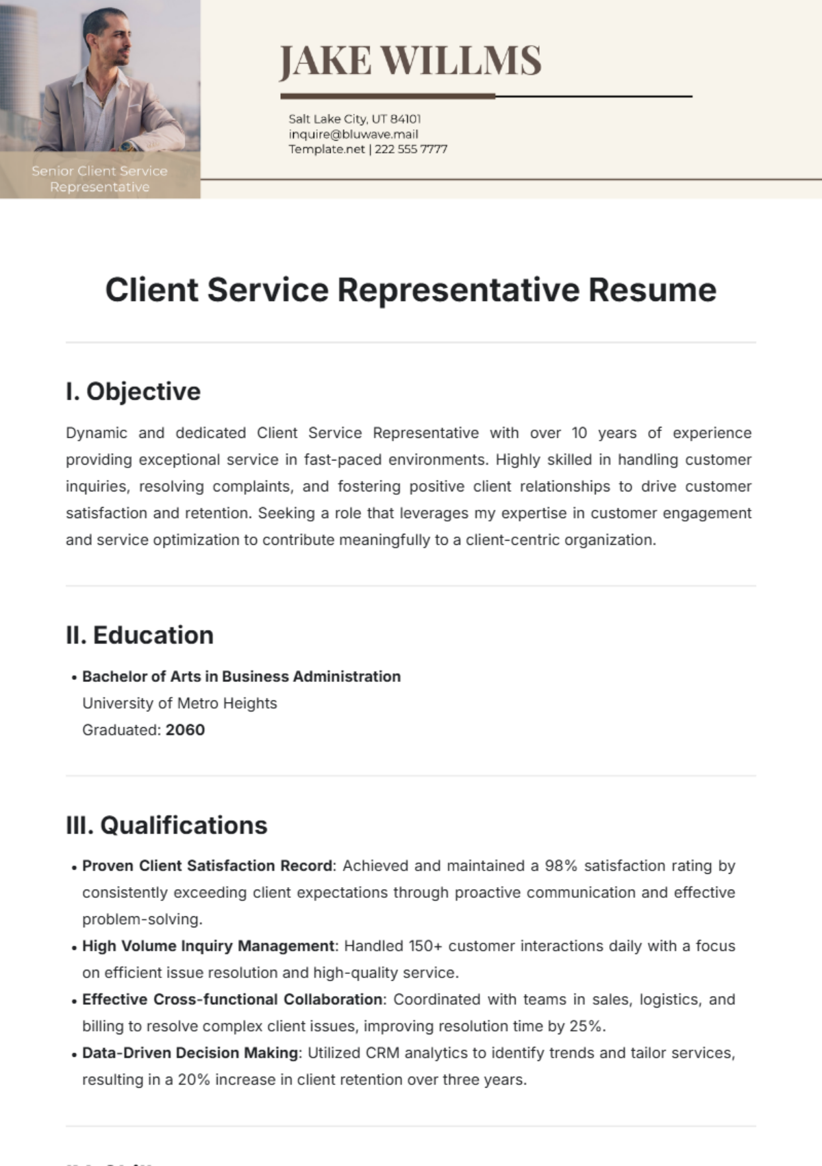 Client Service Representative Resume Template - Edit Online & Download