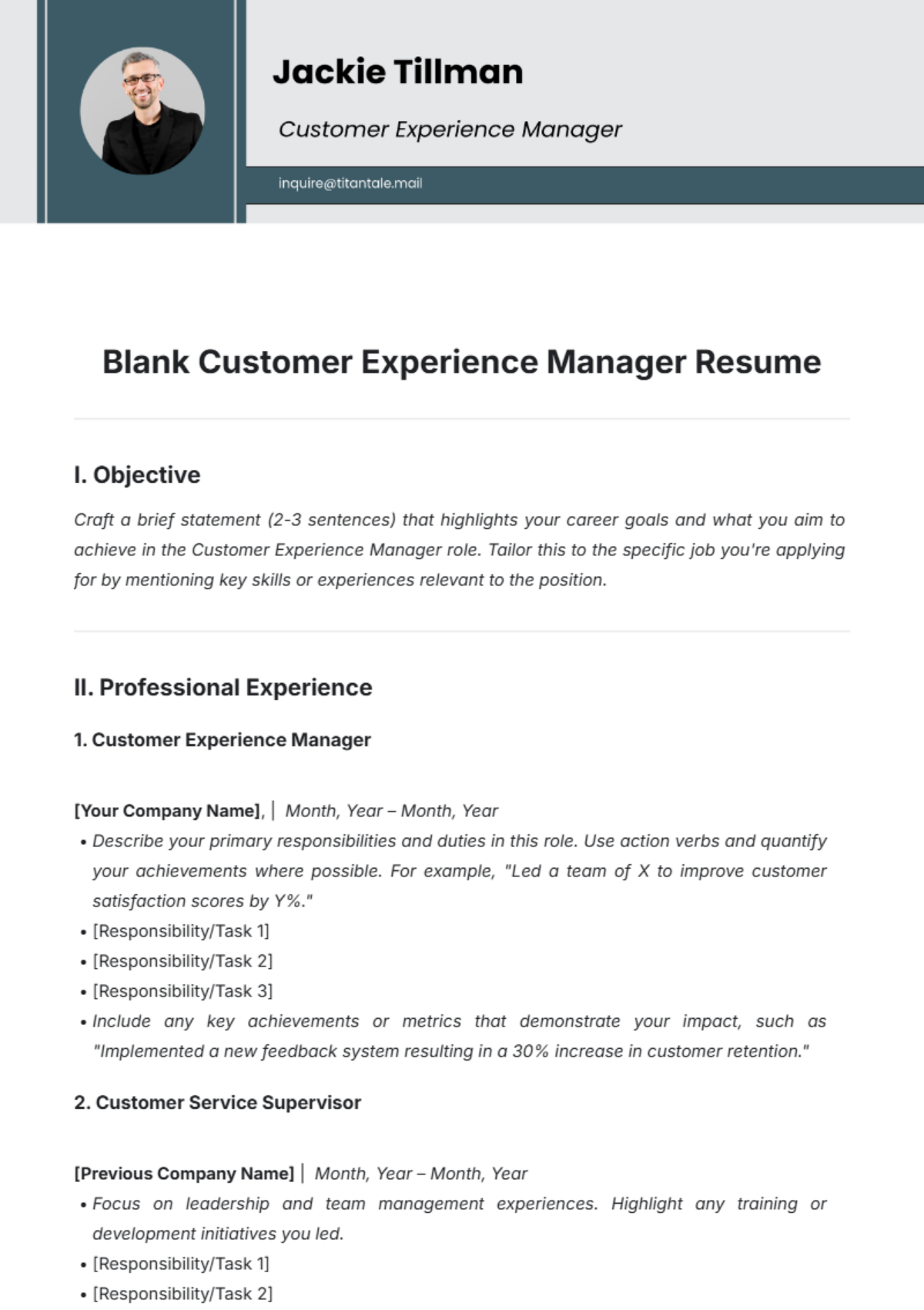 Blank Customer Experience Manager Resume Template - Edit Online & Download