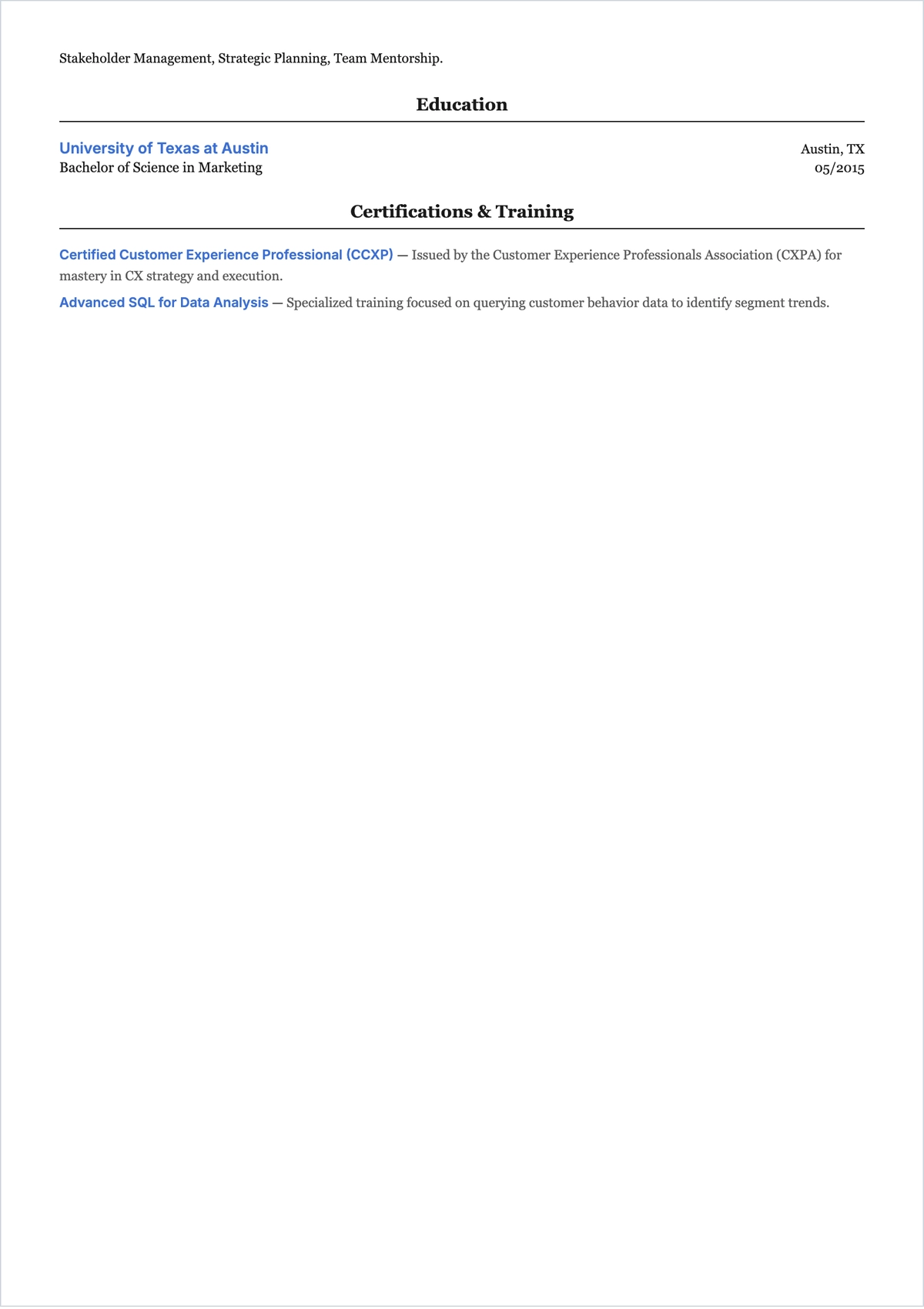 Free Blank Customer Experience Manager ATS Resume Template