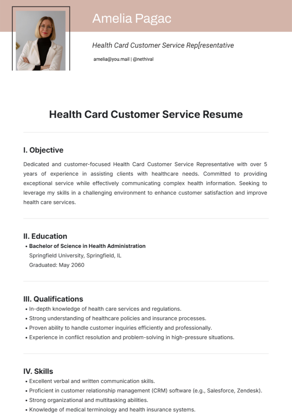 Health Card Customer Service Resume Template - Edit Online & Download