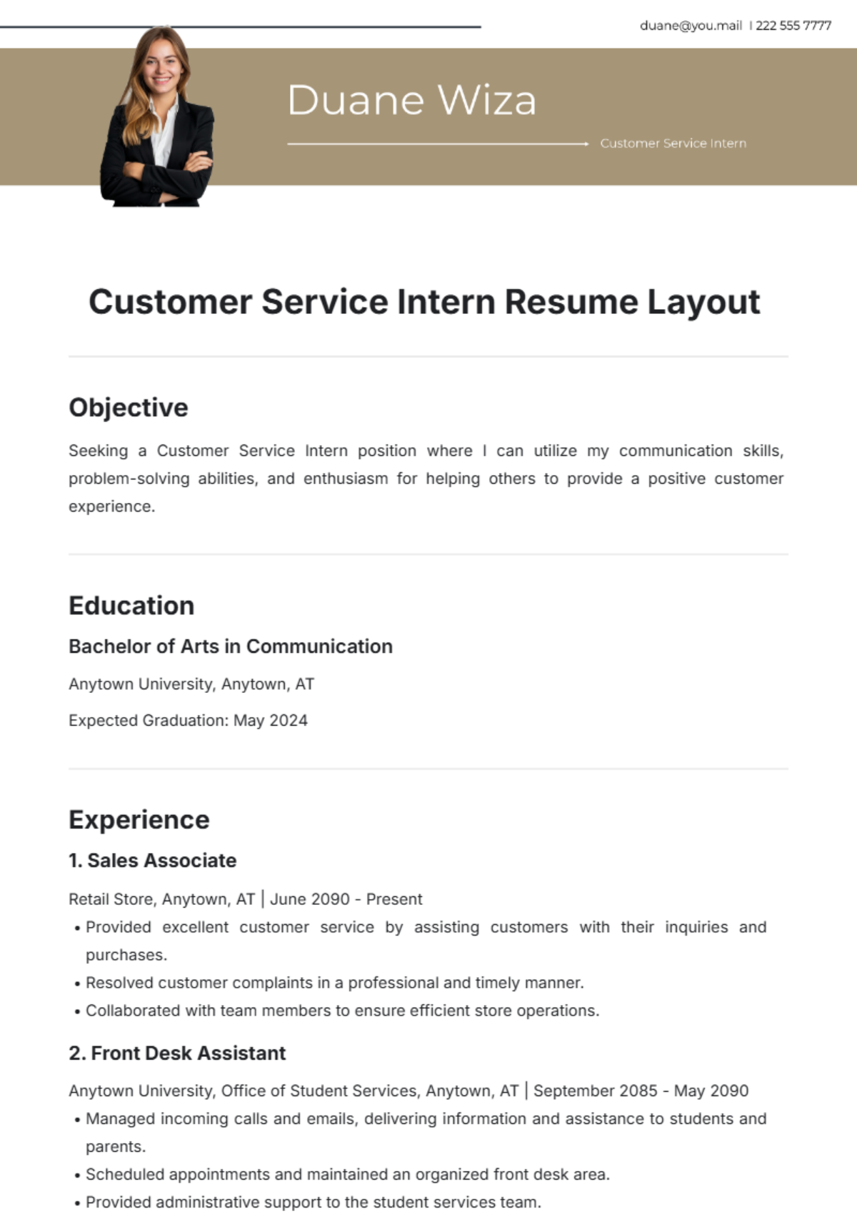 Customer Service Intern Resume Layout Template - Edit Online & Download